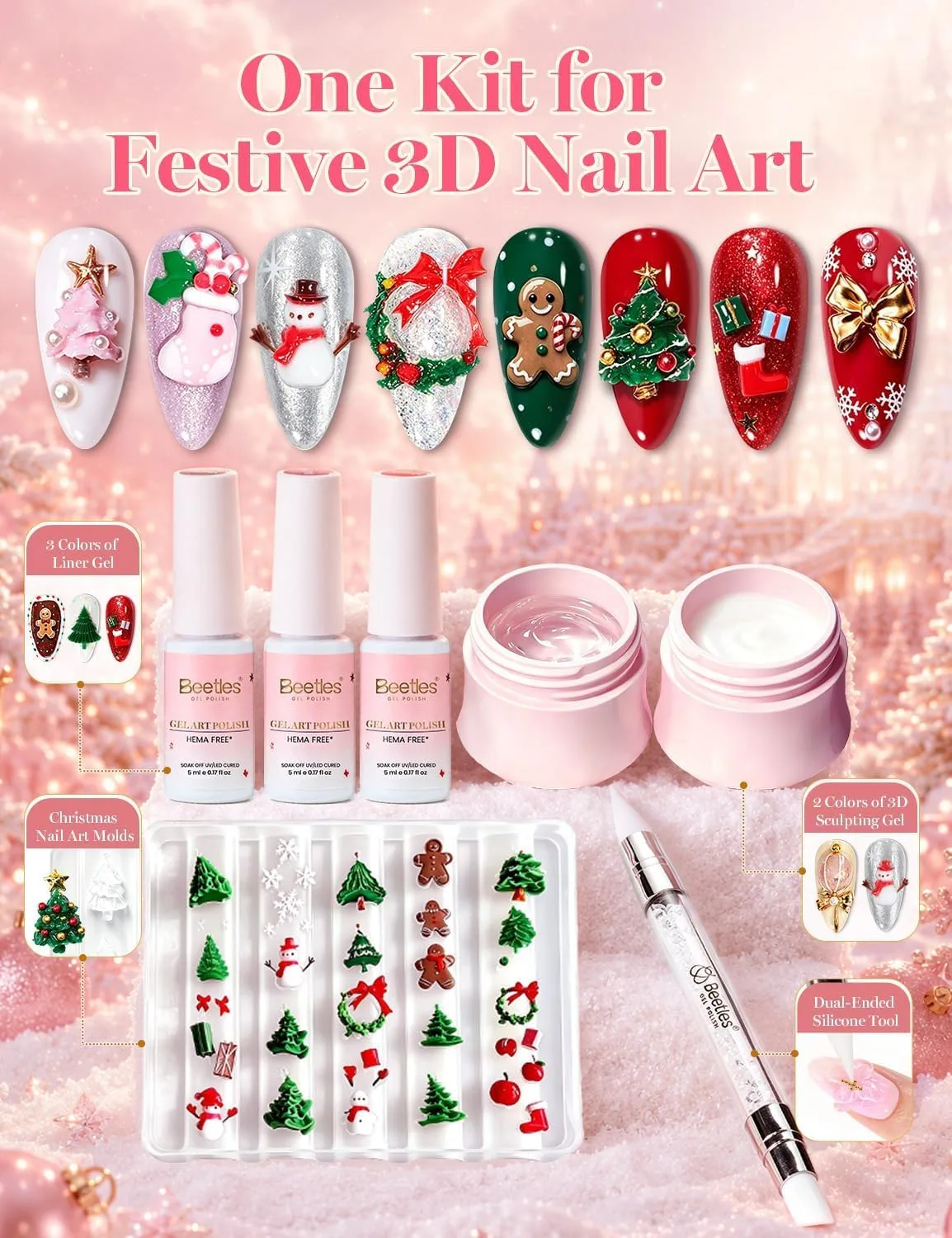 Beetles 3D Gel Nail Art Clear White Frosted Noël Christmas Miracle Express