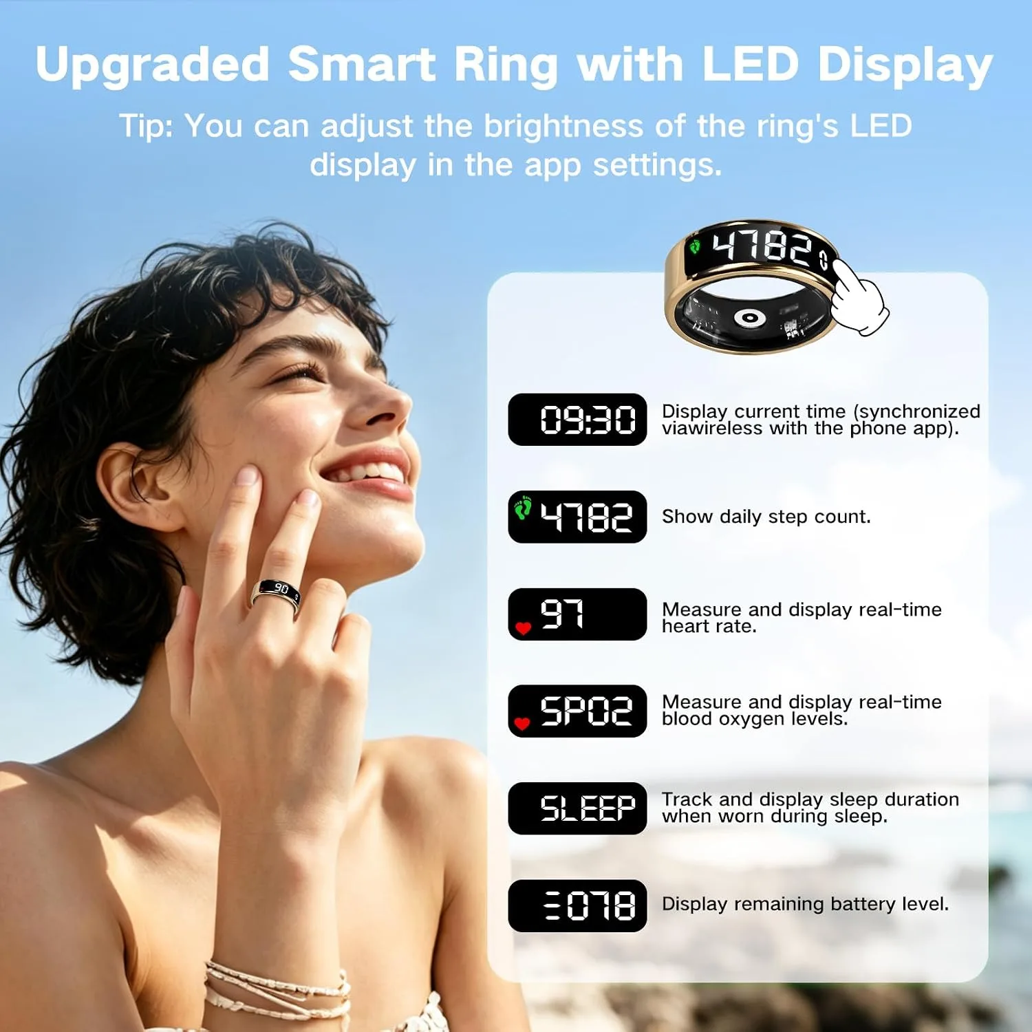 Smart Ring for Women & Men,Smart Ring with Digital Display (Rose Gold,7)
