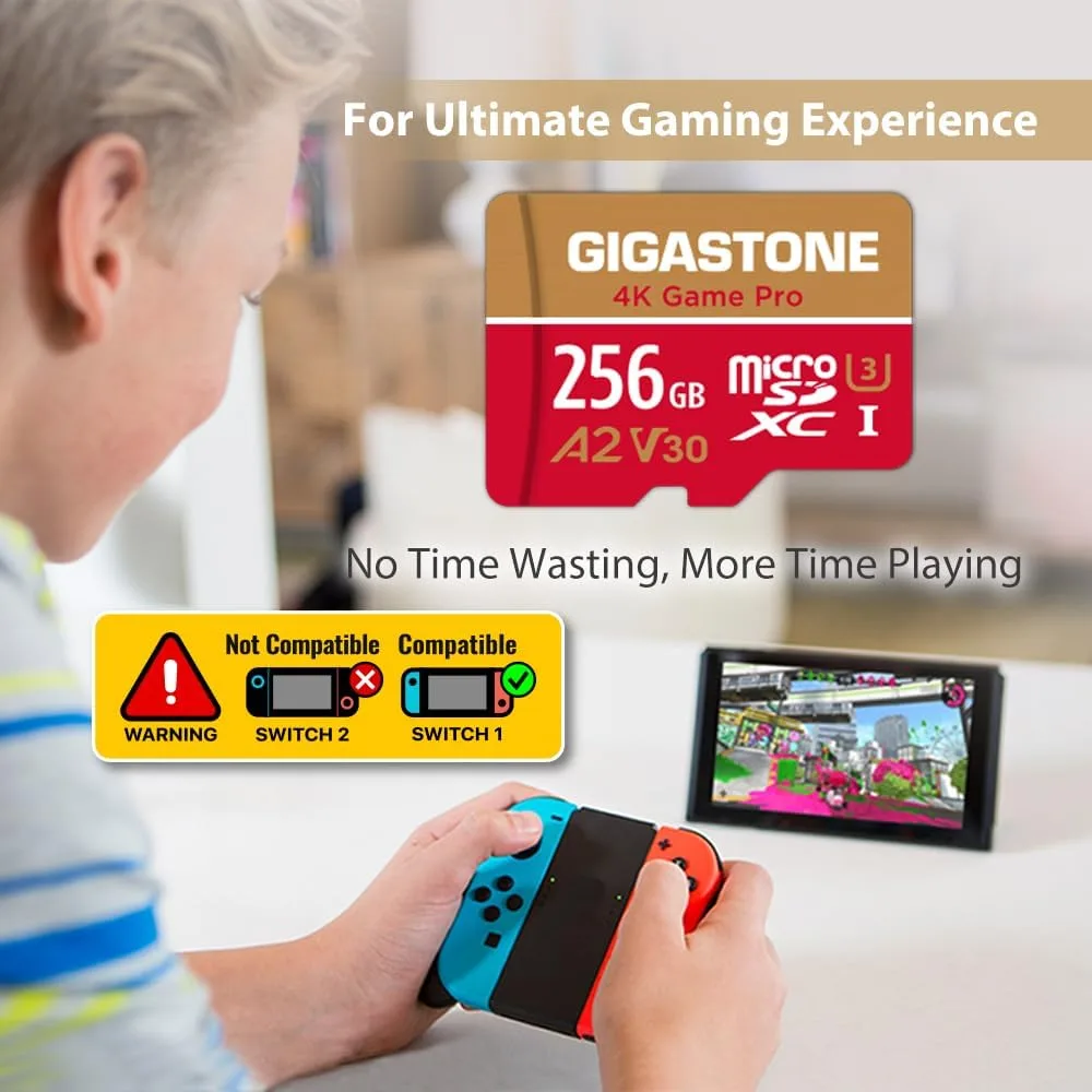 【for Switch 1 Only】 Gigastone 256GB Micro SD Card, 4K Game Pro, MicroSDXC Memory Card for Gaming Console, Action Camera, UHD Video, up to 100/60MB/s, UHS-I U3 A2 V30 C10【5-Yrs Free Data Recovery】