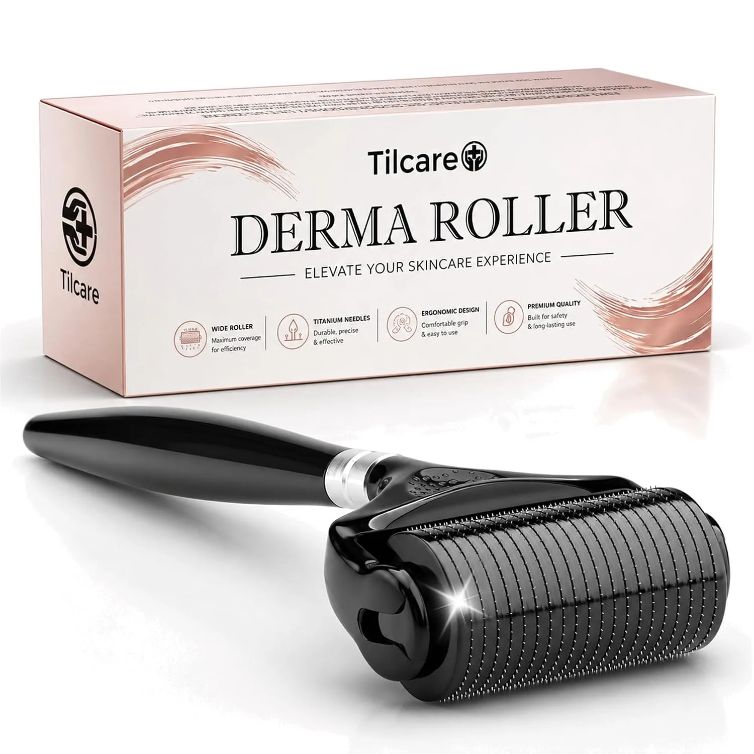 Wide Derma Roller for Face with Sterile 0.25mm Titanium Microneedles, Black