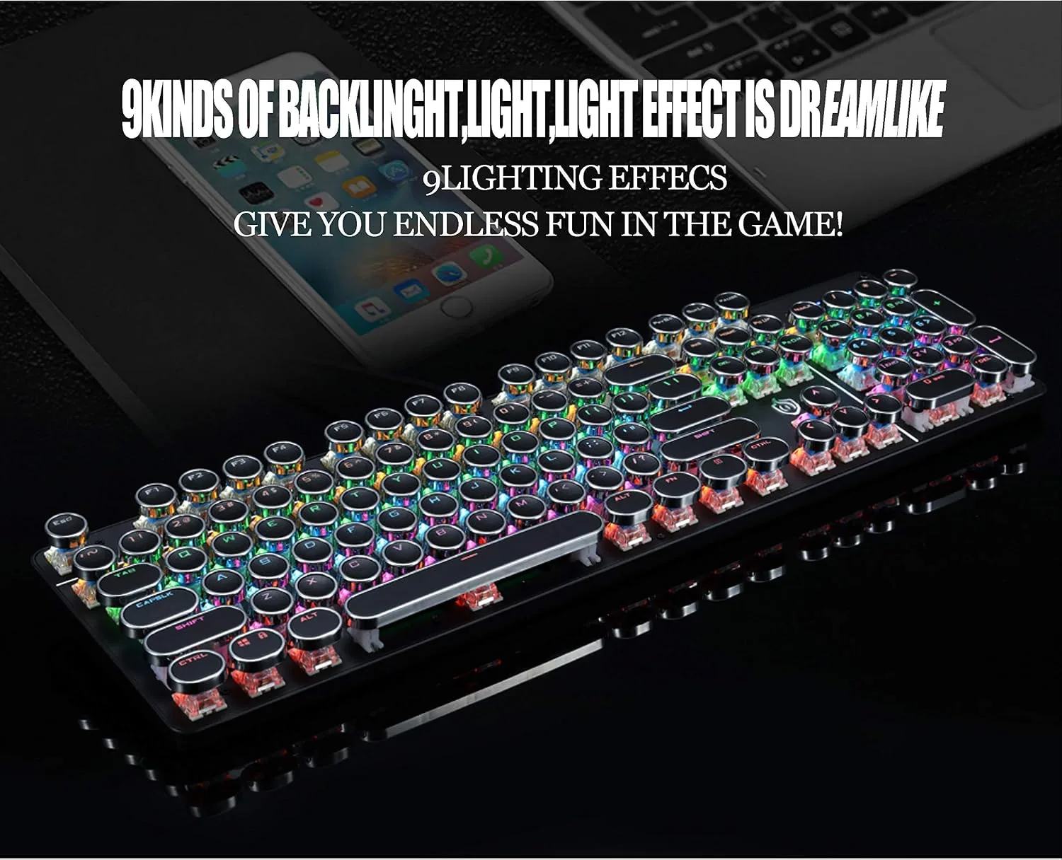 YSCP Typewriter Style Mechanical Gaming Keyboard Rainbow Backlit Wired with Blue Switch Retro Round Keycap 104 Keys Keyboard (L-Black)