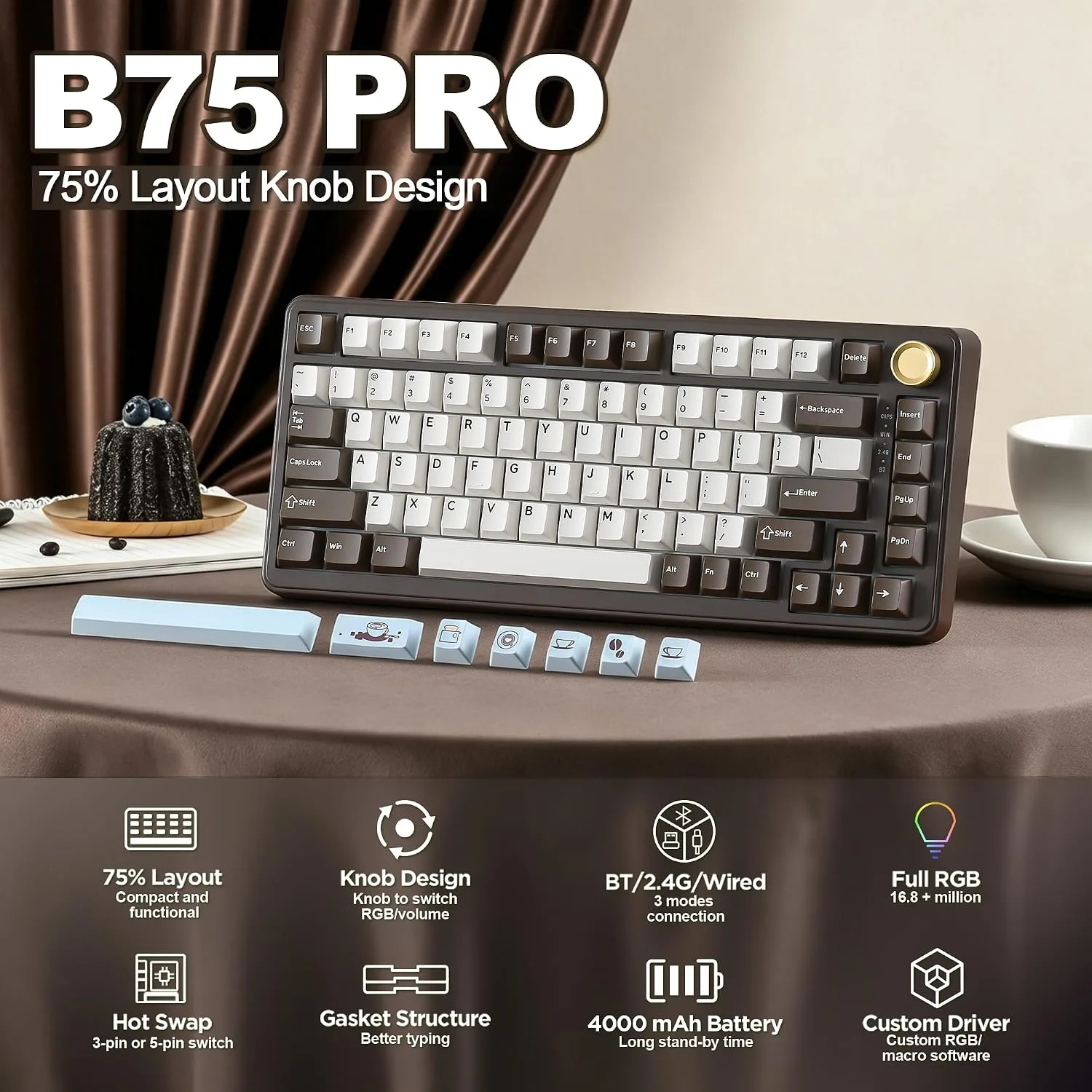 YUNZII B75 PRO 75% Wireless Mechanical Keyboard (Coffee Brown, Cocoa V2)