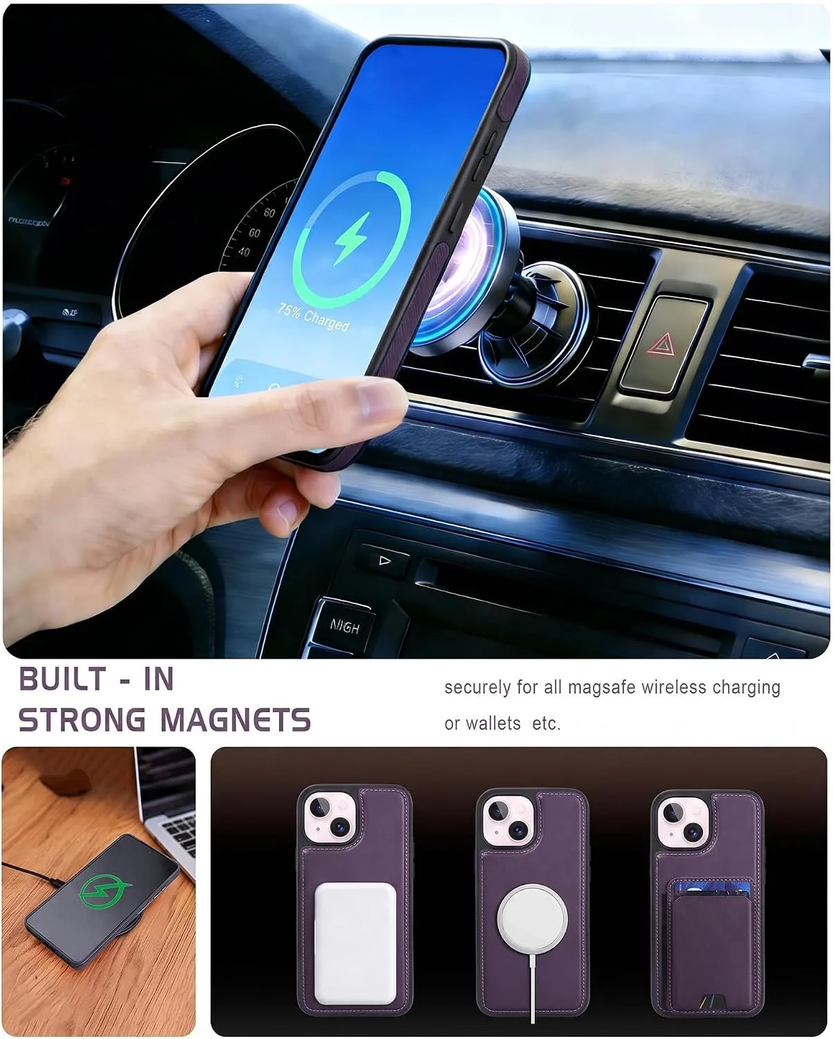 Magnetic Detachable Wallet Case for iPhone 15 with Kickstand,2-in-1 MagSafe Compatible RFID Blocking Card Holder,Slim PU Leather Cover Purple