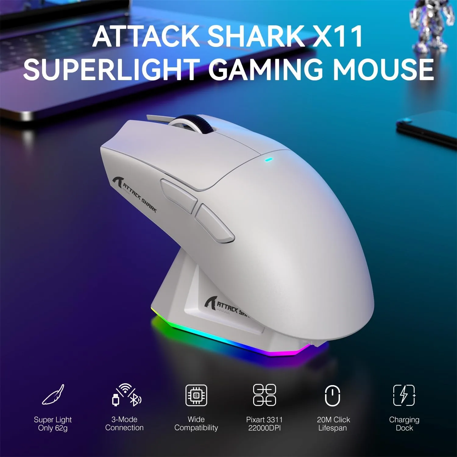 ATTACK SHARK X11 Wireless Gaming Mouse, PAW3311 Sensor, Lightweight, RGB Charging Dock, 22,000 DPI, Tri-Mode Connectivity, 5 Programmable Buttons - White