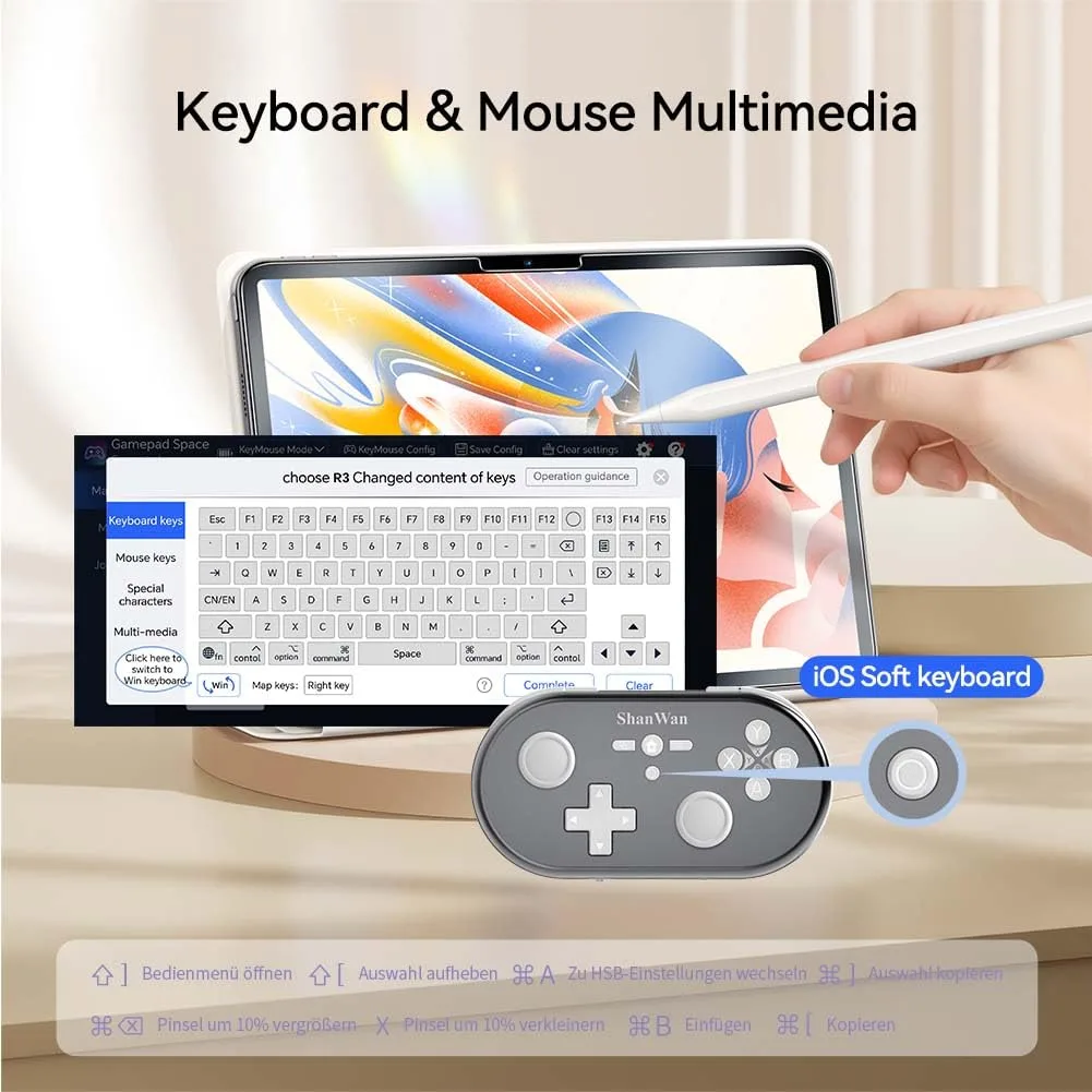 ShanWan Wireless Mini Controller for Switch, PC, iOS, Android, Supports Keyboard Mode for iPad Procreate (Silver)