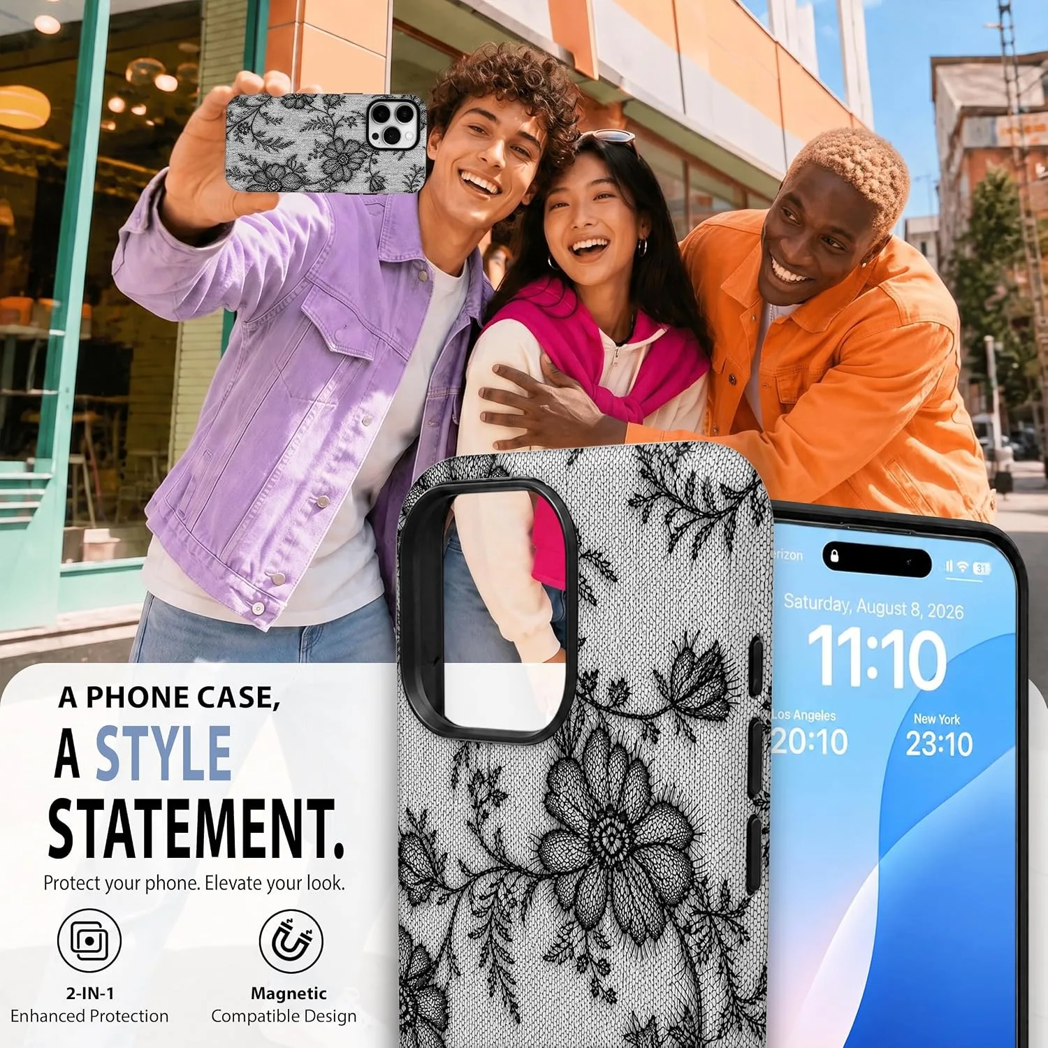 Magnetic for iPhone 16 Pro Black Lace Phone Case, Floral Flower