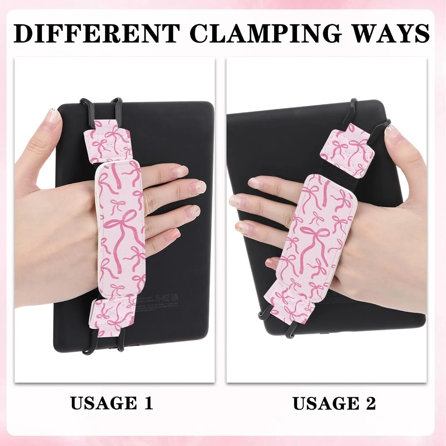Hand Strap Accessories for Kindle - Pink Bow Finger Grip for 6-8" Paperwhite 11th/12th Generation/Kobo/Sony/Lenovo/Fire Ereader E-Book Tablet Lightweight High Elasticity Holder for Reading