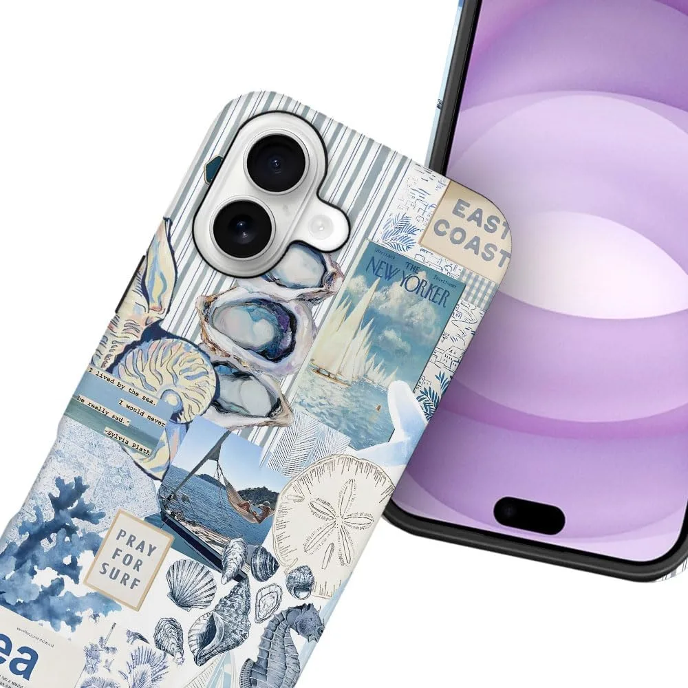 Case Compatible with iPhone 17,Fall Prevention Hybrid 2-Layer Hard Shell Phone Cover for Girls Boys,Seashell Ocean Blue Retro Collage
