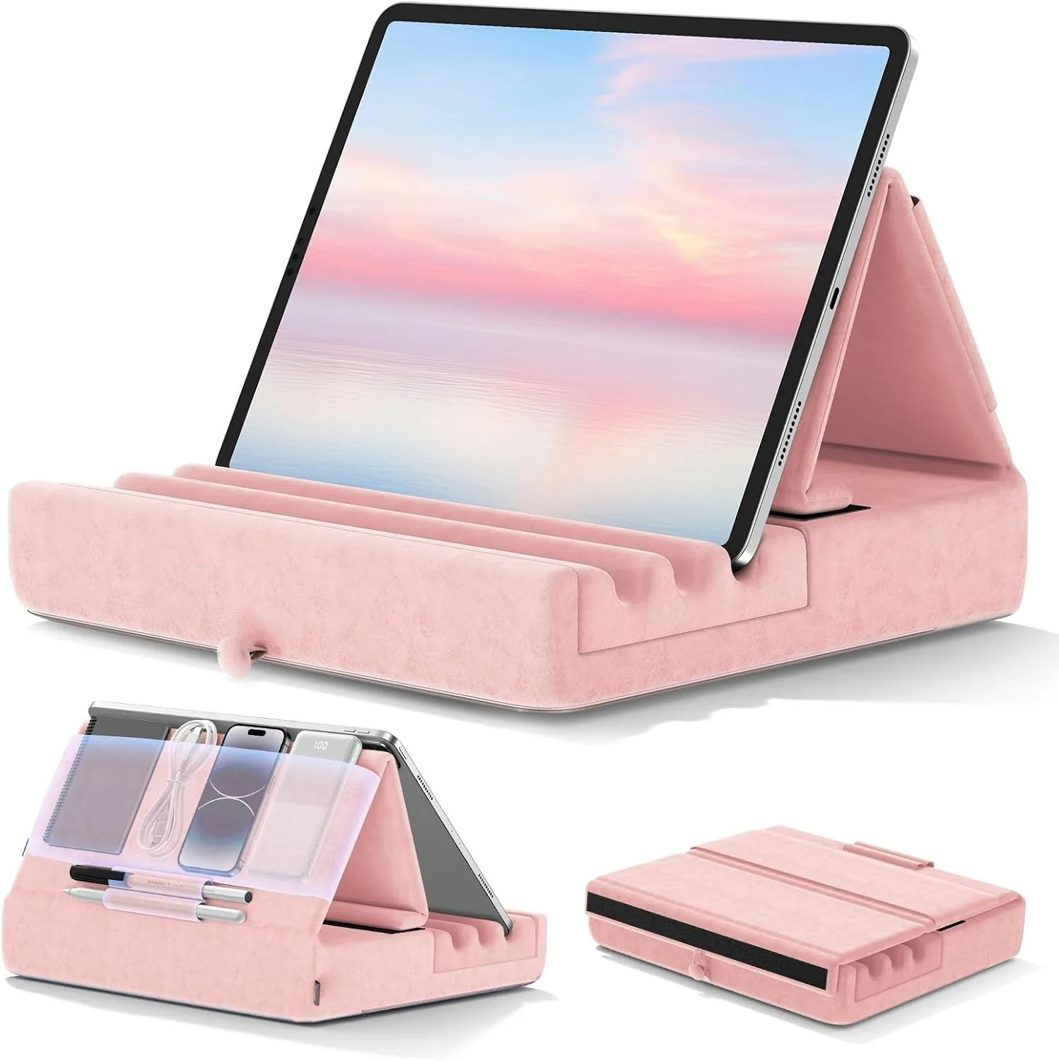 KDD Tablet Pillow Holder, Foldable iPad Stand for Lap, Bed and Desk -Tablet Soft Pad Dock with Pocket & Stylus Mount Compatible with iPad Pro 12.9, 10.5, 9.7 Air Mini 6 5 4 3, Galaxy Tab, E-Reader