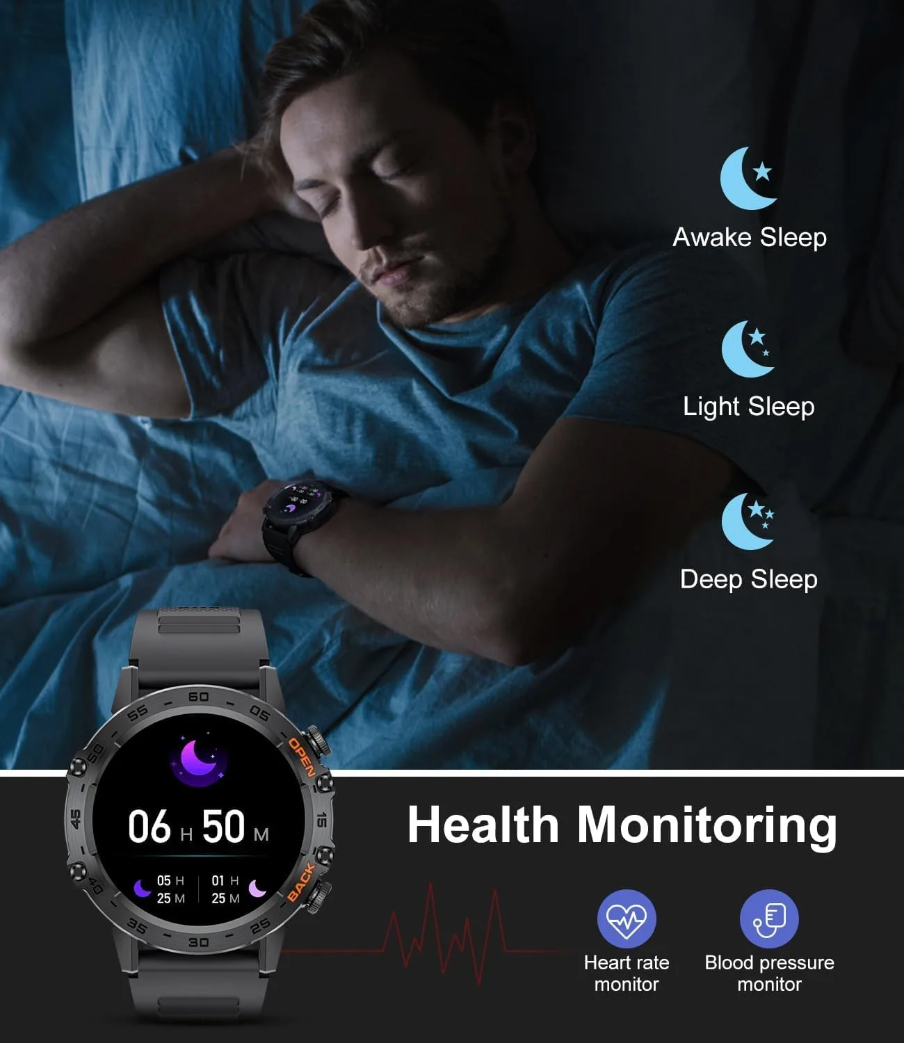 SUNKTA Military Men's Smart Watch (Answer/Dial Calls),100 Sports Modes, 5ATM Waterproof Fitness Watch with Heart Rate/SpO2/Blood Pressure for Android and iOS,1.39''HD Full Screen Smartwatch,Leather