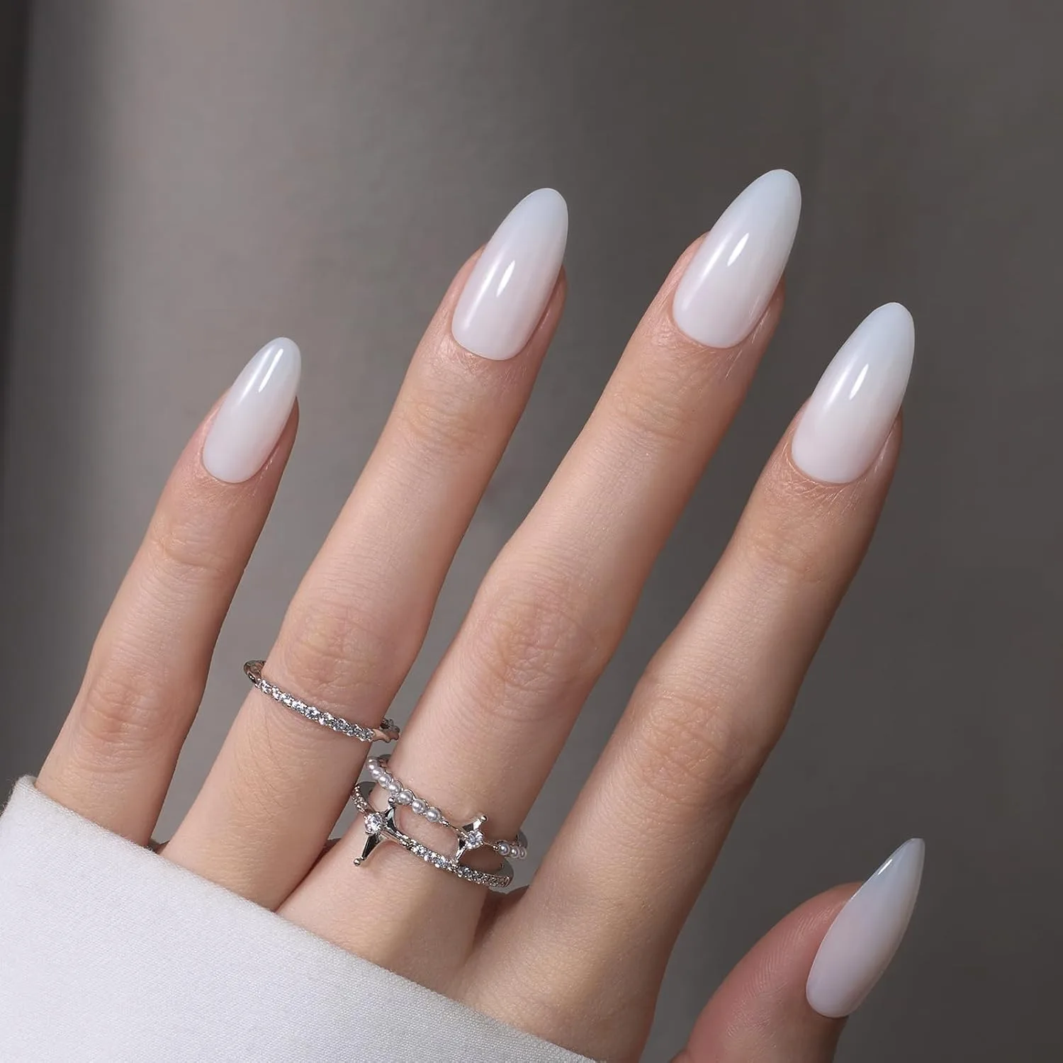 Beetles Milky White Press On Nails, 160pcs Soft Gel Medium Almond Tips