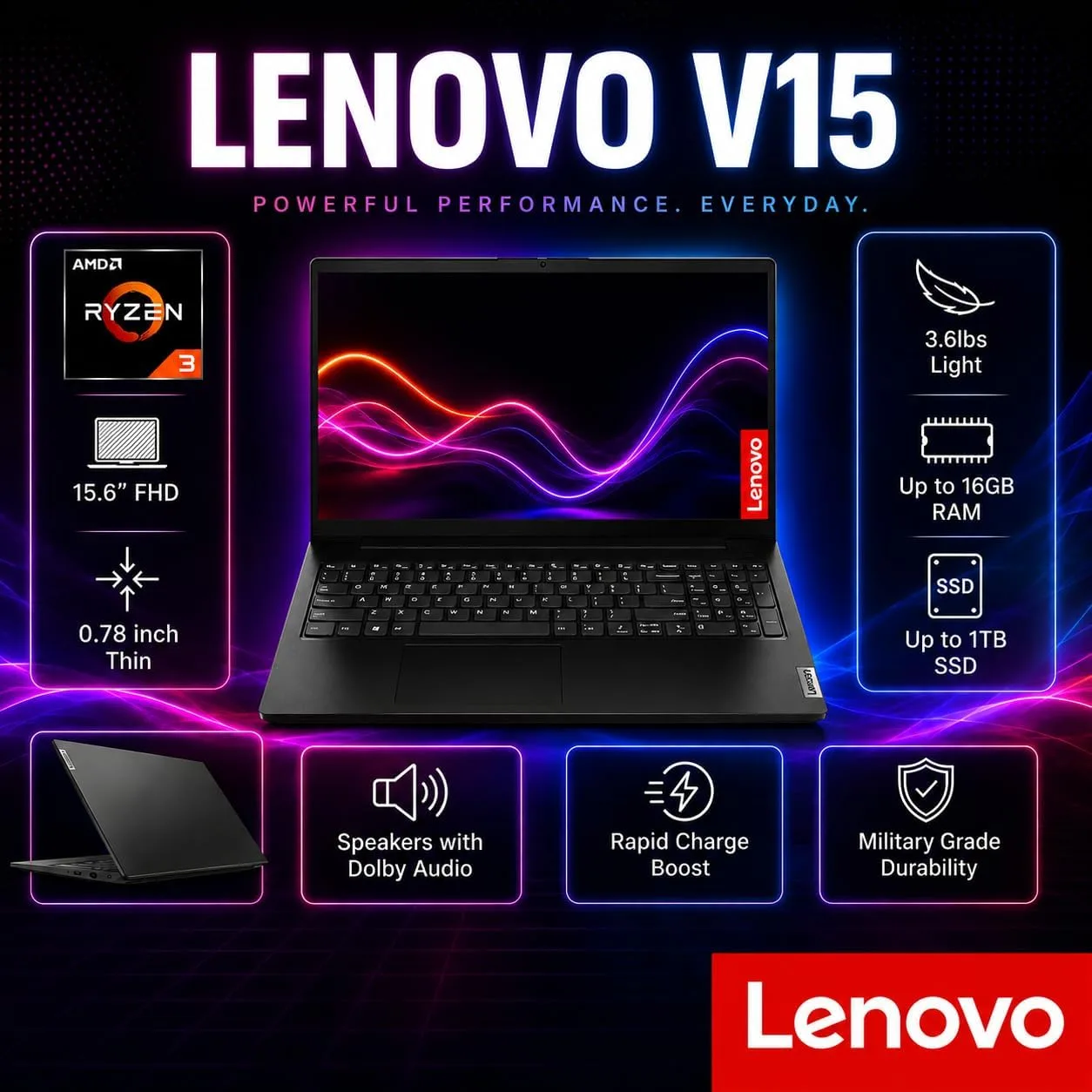 Lenovo 2026 V15 Laptop for Student & Business, AMD 7000 Series Ryzen CPU (Beats Intel i7-1160G7), 15.6" FHD Display, 16GB RAM, 256GB SSD, Ethernet Port RJ-45, Windows 11 Pro, Business Black