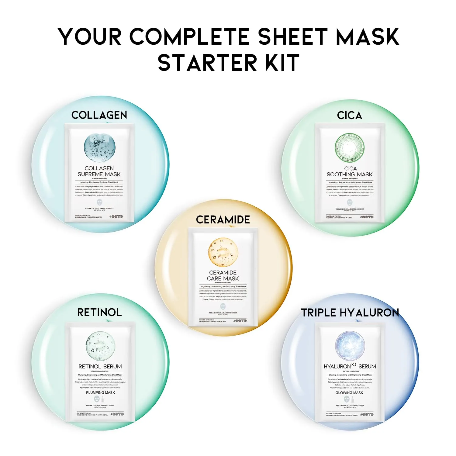 #OOTD Korean Face Sheet Mask Kit, Collagen, Cica, Ceramide, Retinol, 5-Pack
