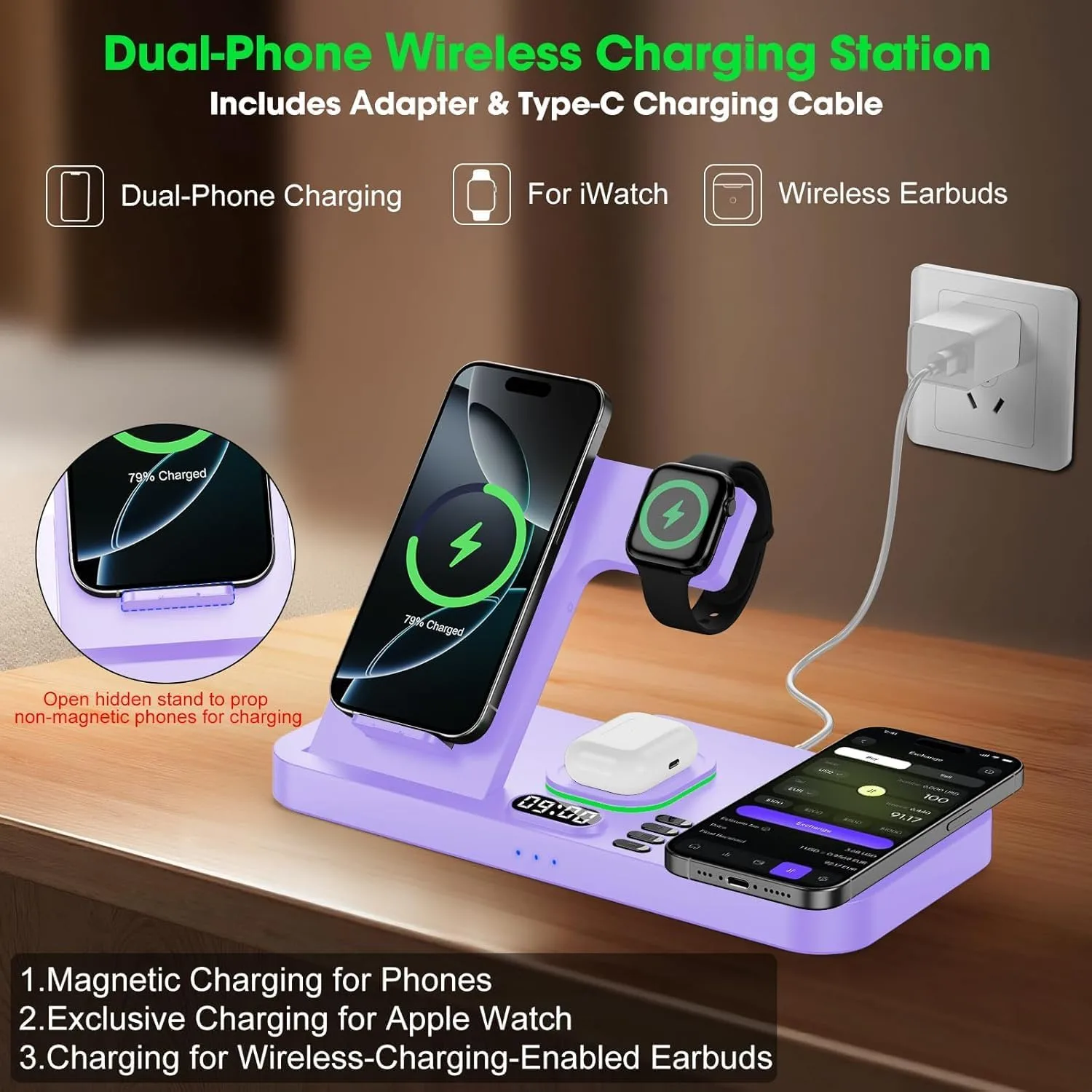 Dual Phone Foldable Wireless Charging Station for Apple, Couple&Family Use