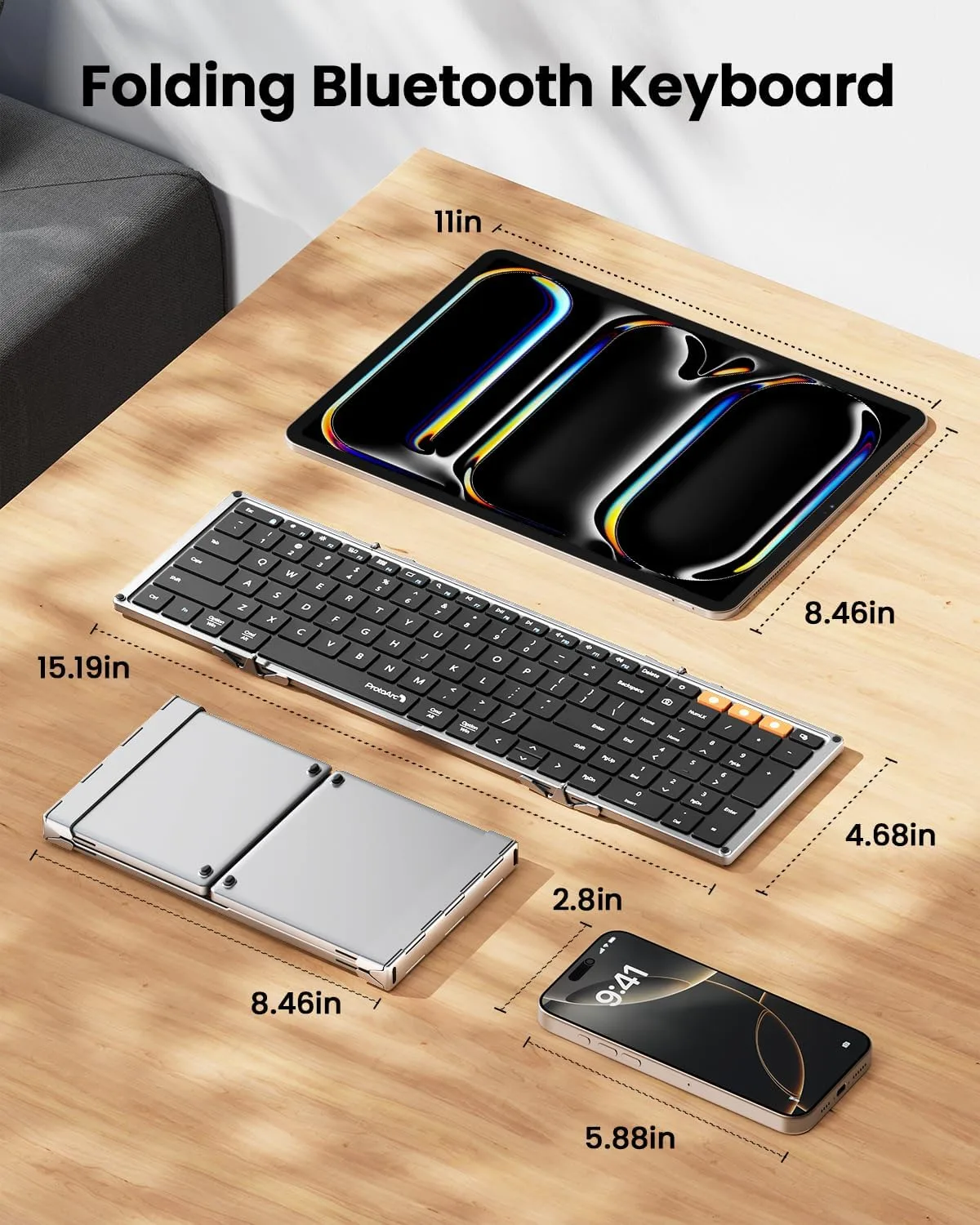ProtoArc XK01 Full-Size Foldable Bluetooth Keyboard for Travel, Silver