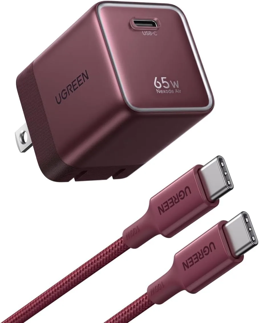 UGREEN Nexode Air 65W USB C GaN Charger Block with 3.3ft Cable, Burgundy