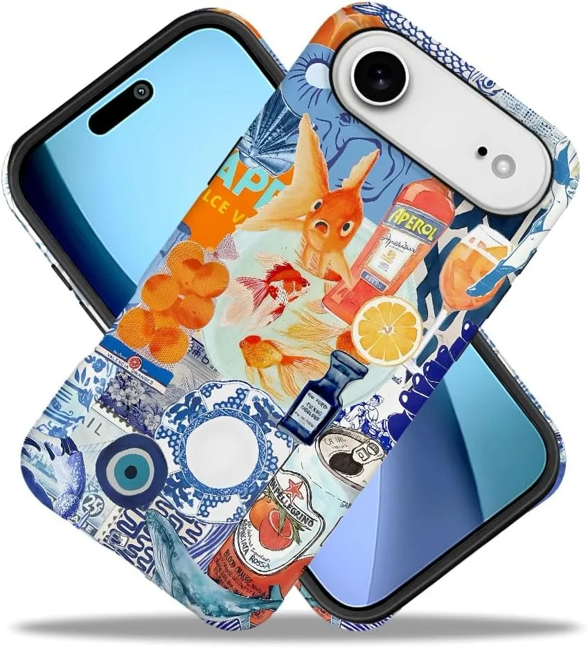 Case Compatible with iPhone 17 Air,Fall Prevention Hybrid 2-Layer Hard Shell Phone Cover for Girls Boys,Fish Orange Collage European