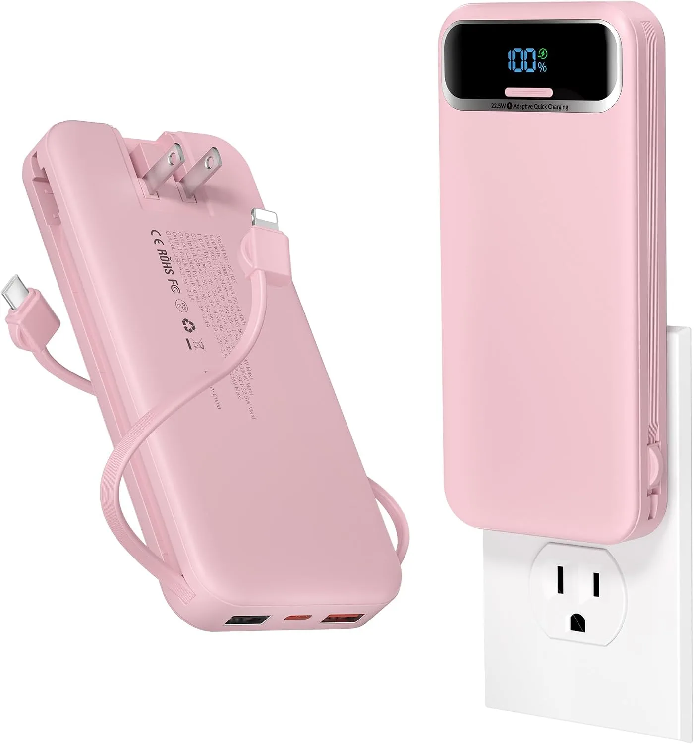 aonidi Portable Charger 12000mAh with Built-in Cables&AC Wall Plug, Pink