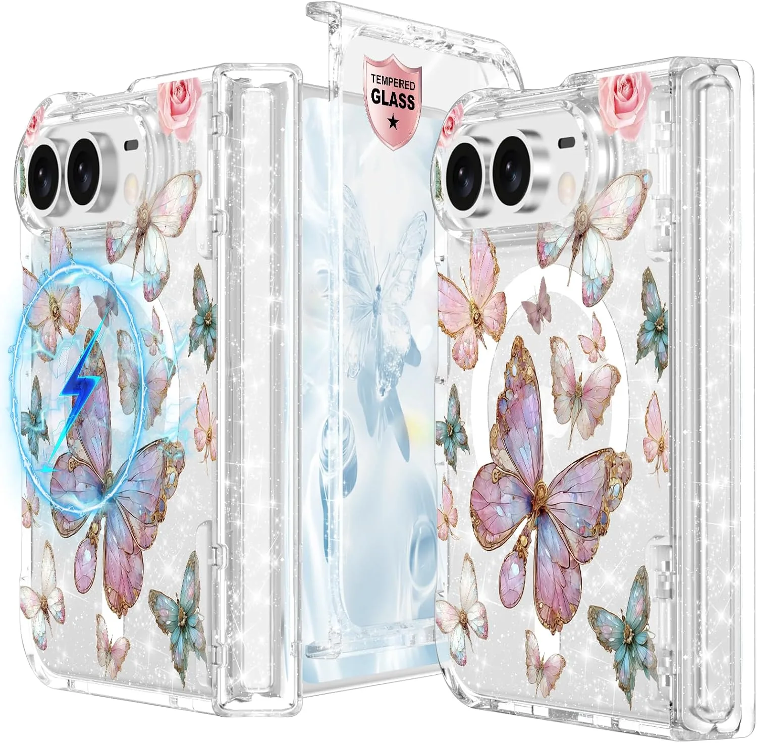 for iPhone Duo Case Clear Glitter Magnetic with Hinge Protection
