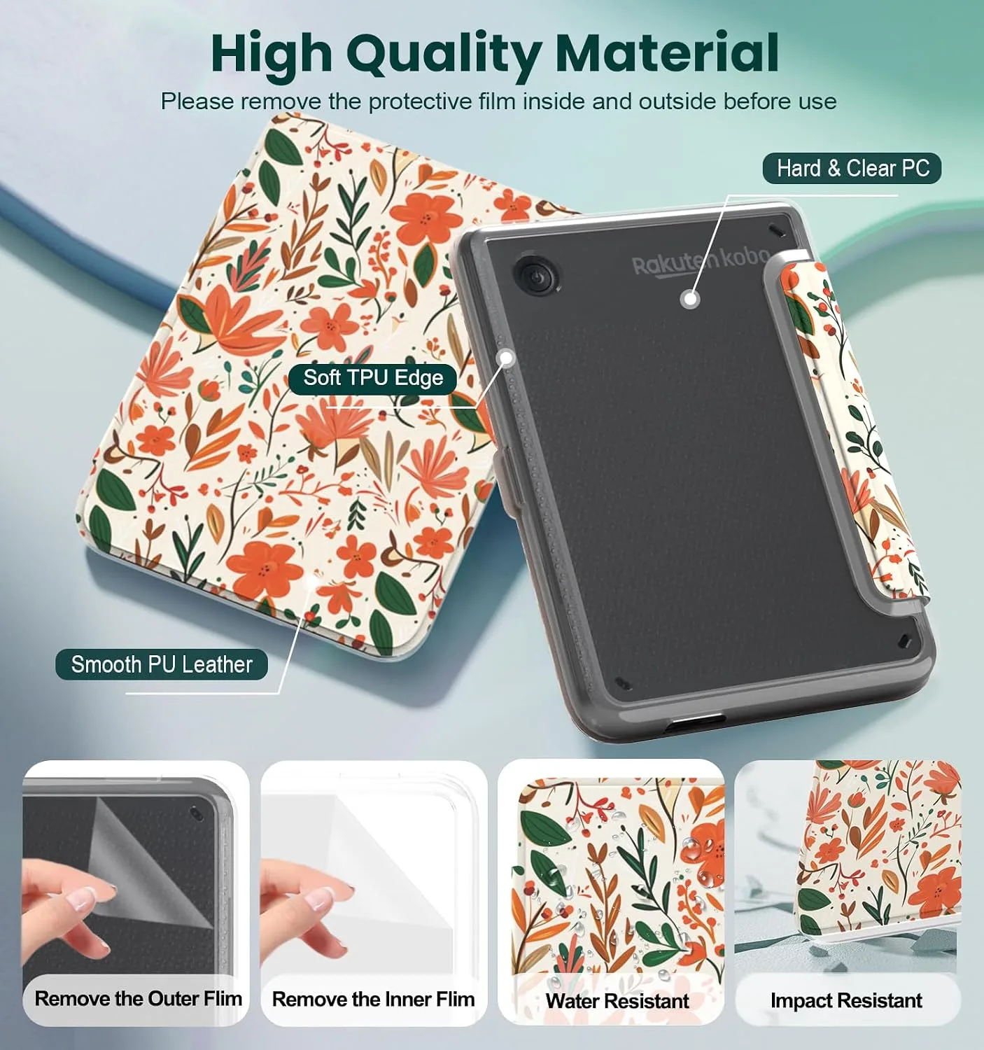 E NET-CASE Detachable Magnetic Case for 6" Kobo Clara Colour (2024) /Clara BW(2024) /2E(2022) eReader,Ultra Clear Back丨Easy to Detach & Attach丨Auto Sleep/Wake (Painted Summer Flowers)