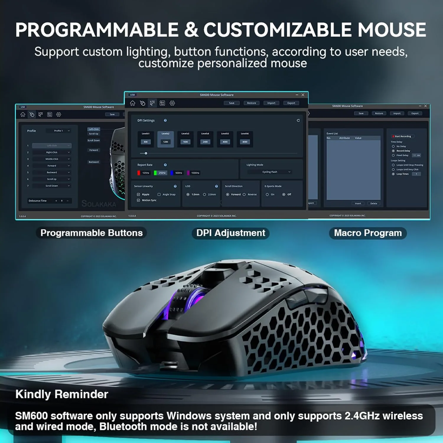 SOLAKAKA SM600 Wireless Gaming Mouse,Tri-Modes BT5.0/Type-C Wired/2.4G Wireless Mouse with 2 Side Buttons, Programmable Macro Gamer Mouse with RGB Light for Laptop/PC/Mac