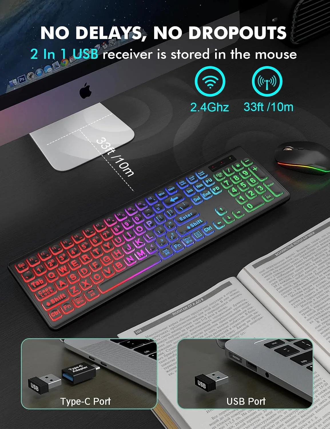 Wireless Keyboard and Mouse Combo with RGB Backlit, Rechargeable