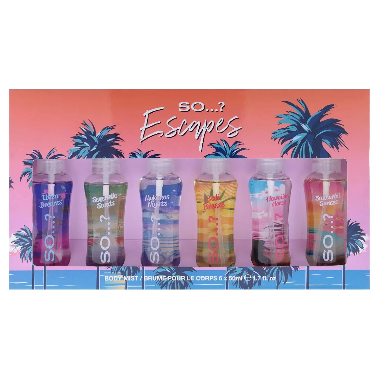 So...? Escapes Body Mist Set For Women - 6 Pc 1.7oz Body Mists - Ibiza Dreams, Mykonos Night, Bali Breeze, Seychelle Sand, Hawaiin Honey, Santorini Sunset (Pack of 2)