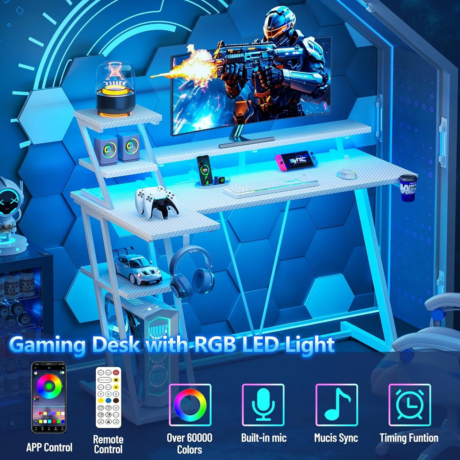 Korfile 47 Inch Gaming Desk with LED & Power Outlet, Carbon Fiber White