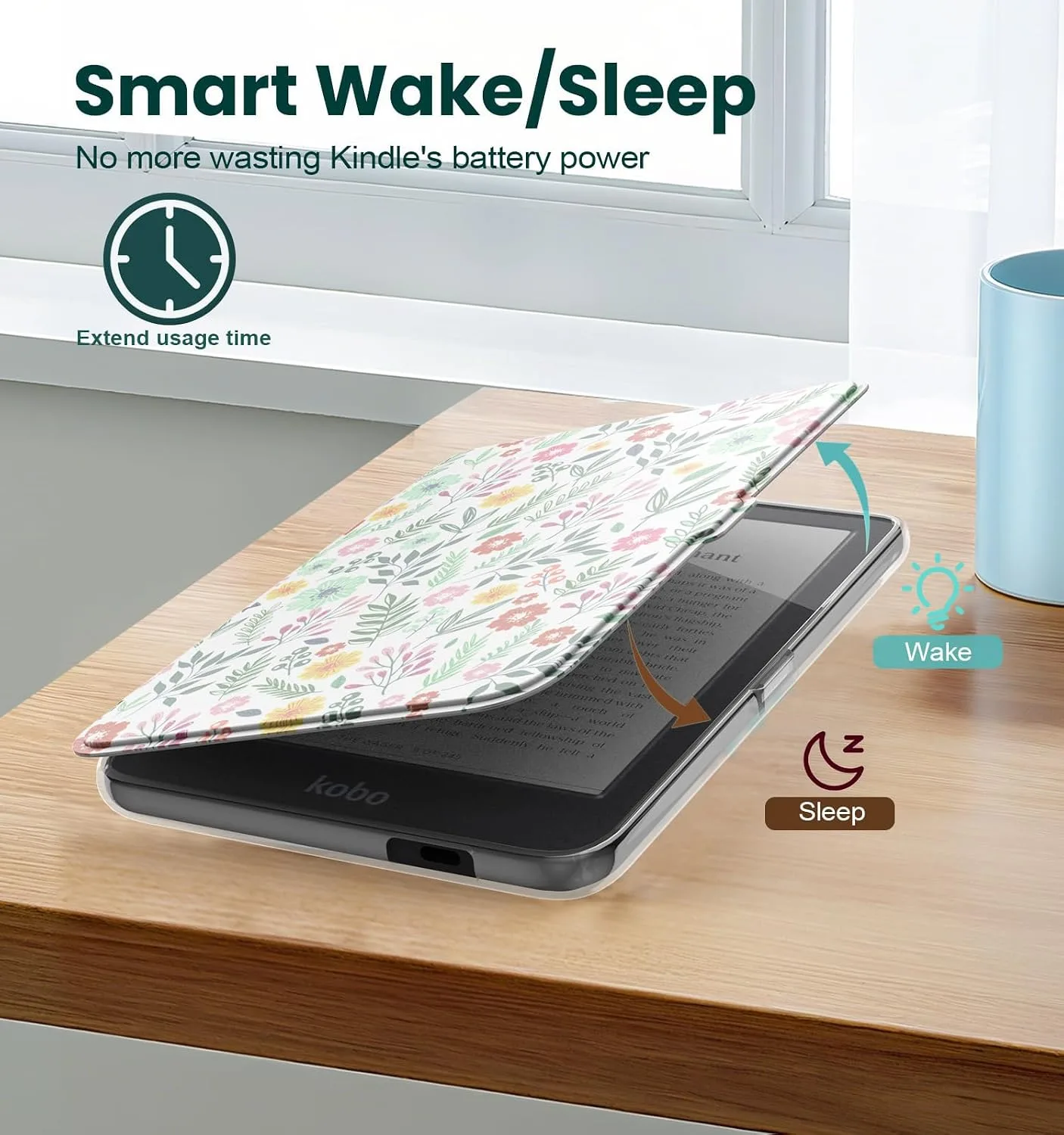 E NET-CASE Detachable Magnetic Case for 6" Kobo Clara Colour (2024) /Clara BW (2024) /2E (2022) eReader, Ultra Clear Back Scratch-Proof Light丨Easy to Detach & Attach丨Auto Sleep/Wake (Summer Flower)