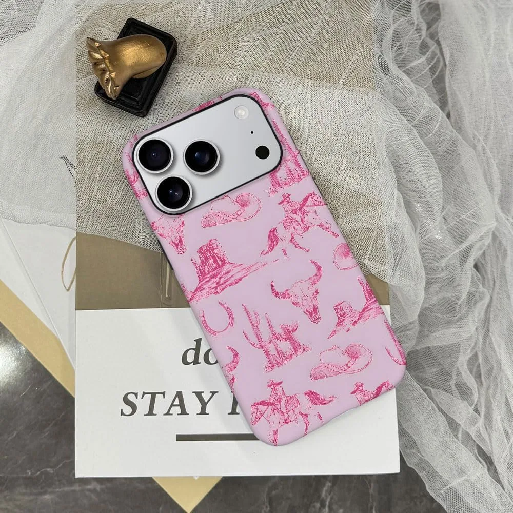 Case Compatible with iPhone 18 Pro/iPhone 17 Pro,Fall Prevention Hybrid 2-Layer Hard Shell Phone Cover for Girls Boys,Pink Hat Horse Western Cowboy
