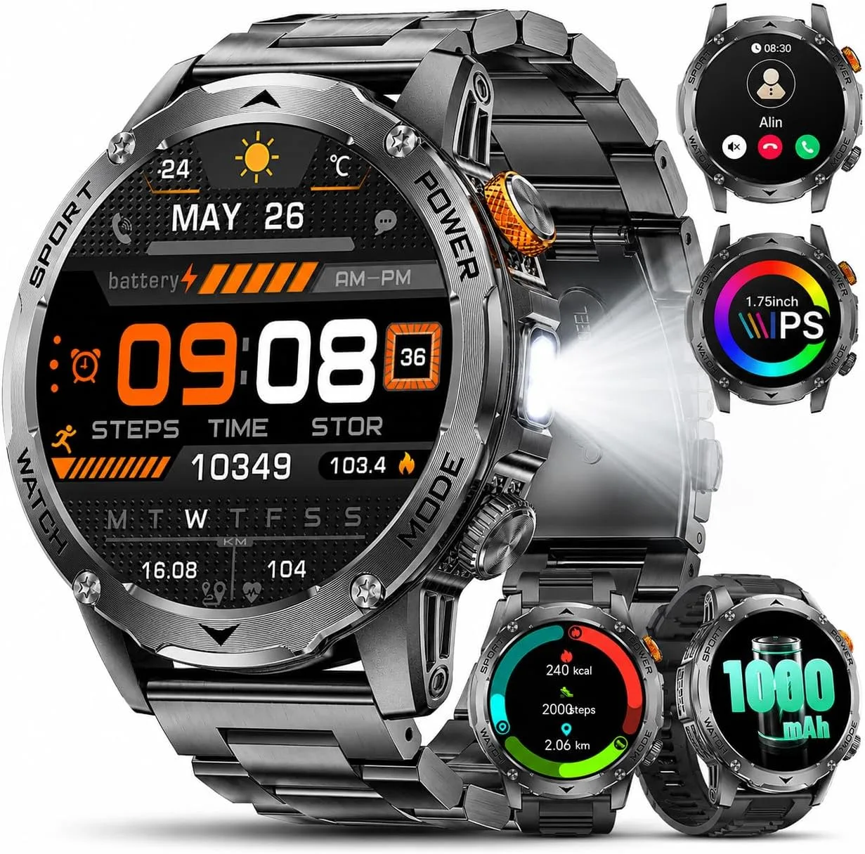 Smart Watch for Men with 1000mAh Battery/Flashlight, 1.75'' Military Smartwatch with 5ATM Waterproof/Heart Rate/Sleep Monitor,Answer Make Calls Fitness Tracker for Android iPhone Black