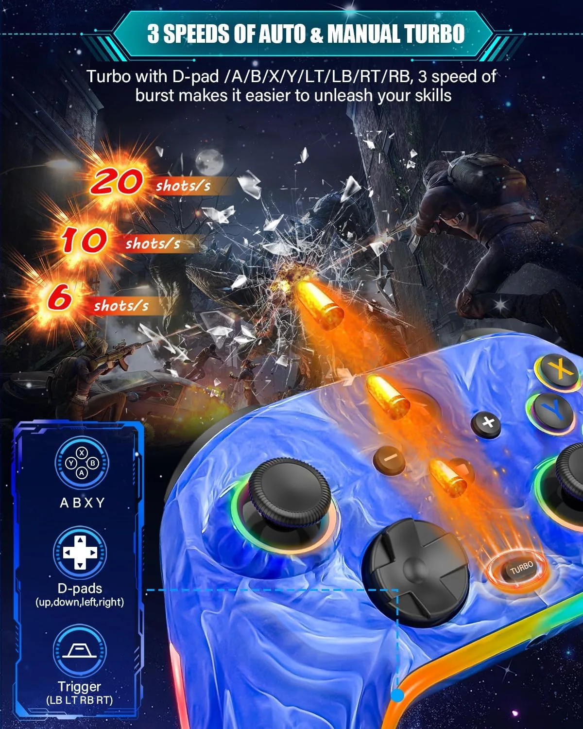 Wireless Switch Controllers for Nintendo Switch/Lite/OLED/Switch 2, 1200mAh Rechargeable Pro Controller, 10 Colors LED Light up, Switch Turbo Remote with Vibration/Motion Control/Turbo/Gyro/Wake up