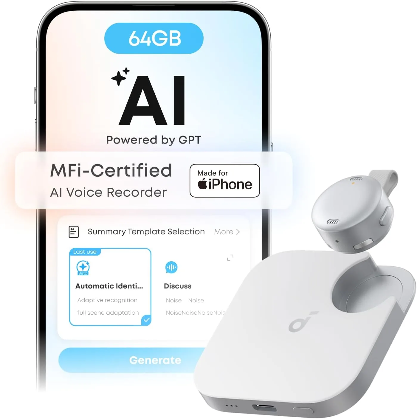 soundcore Work by Anker, Coin-Sized AI Voice Recorder, 64GB, MFi Certified