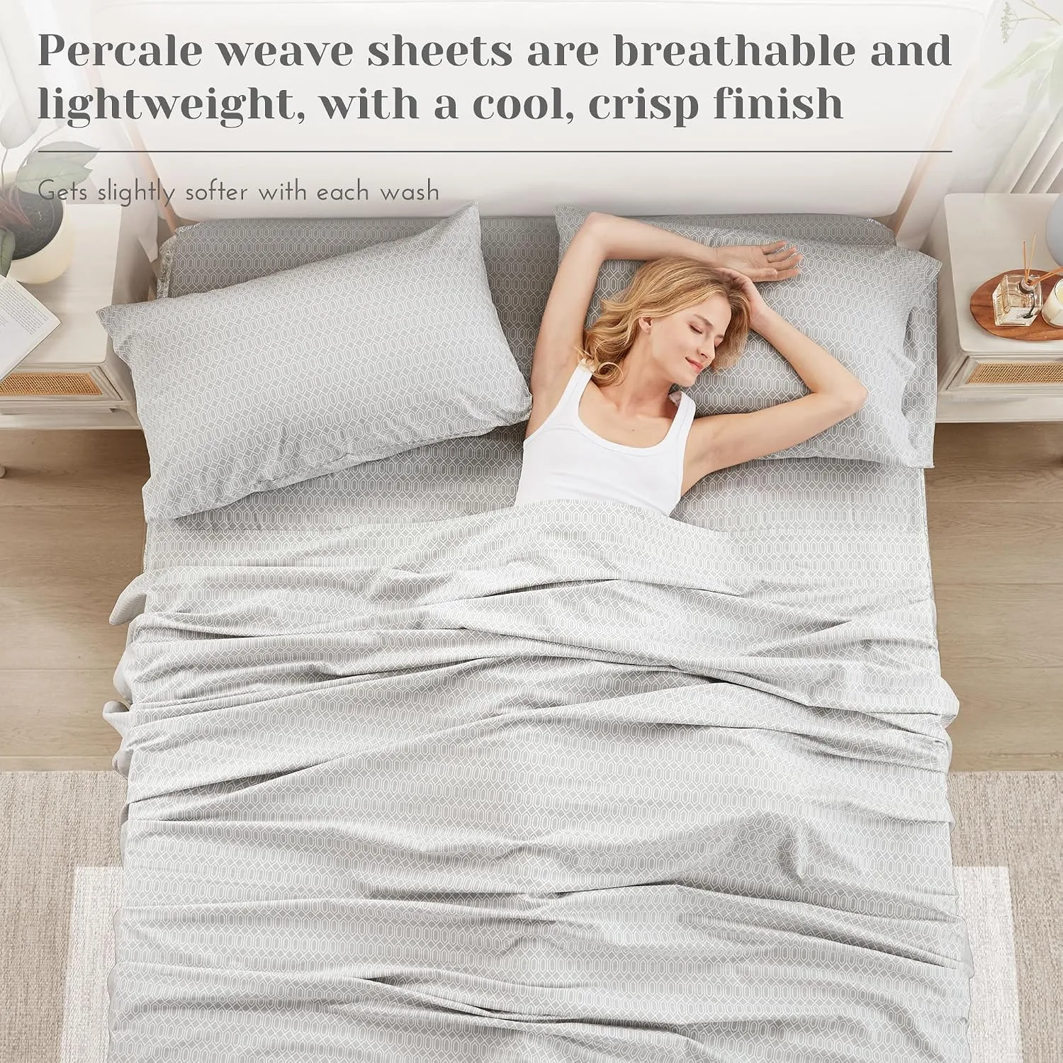 Comfort Spaces 100% Cotton Percale Sheets Queen Size 4 Piece, Diamond Grey