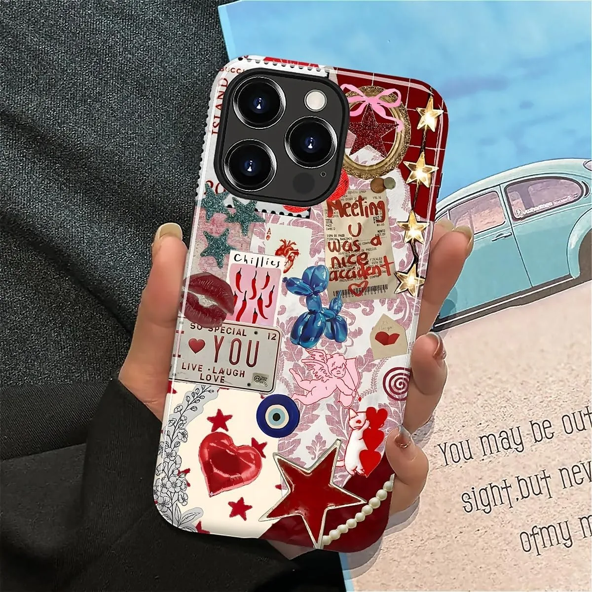 DAIZAG Case for iPhone 14 Pro Max,Mixed 2 Layer Design Shockproof Soft TPU Ddouble Protection Phone Case for iPhone 14 Pro Max-Conch Red Pearl Collage