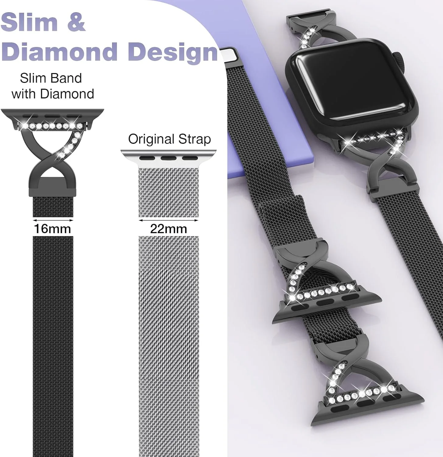 Thin Mesh Loop with X-Shape Clasp Compatible with Apple Watch Bands Women