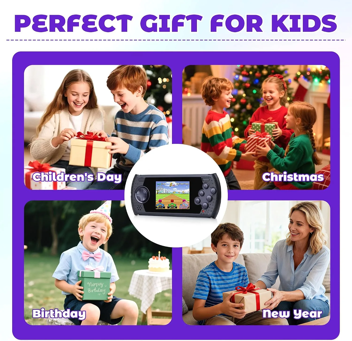 16 Bit Handheld Game for Kids Built-in 230 HD Classic Retro Video Games USB Rechargeable 3.0 Inch Childrens Travel Electronics Toys Portable Gaming Player System Gift for Boys Girls Ages 4-8-12