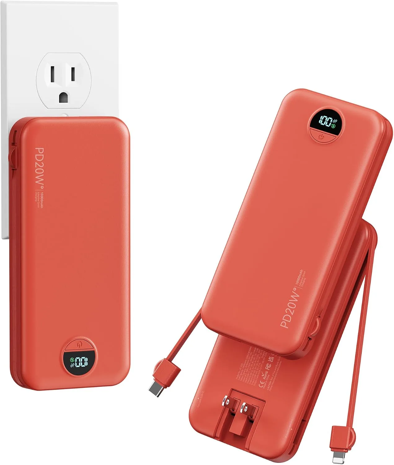 Portable Charger Power Bank 10000mAh with Built in Cables & Wall Plug