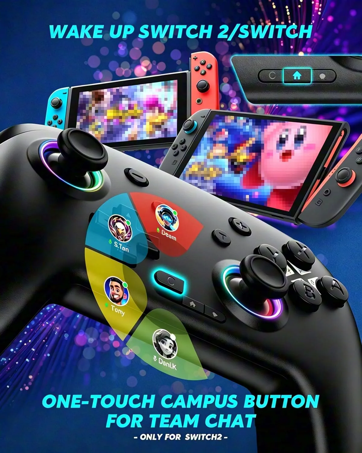 Switch Controller, Wireless Bluetooth Controller for Nintendo Switch 2/Switch/Lite/OLED, game controllers Compatible with iPhone/Mac/iPad/iOS/Android/Phone/PC/Steam and TV with Rotary Motors, RGB Hall Effect Joysticks/Macro Back Buttons/Turbo Modes/6-Axis/Motion/Wake up (Dark Black)