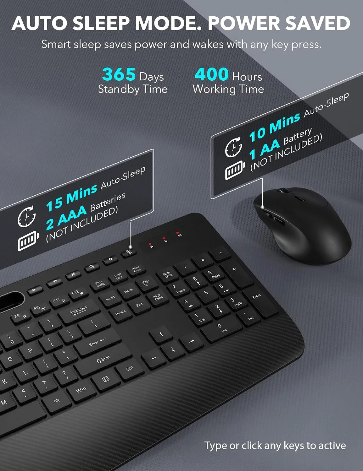 Wireless Keyboard and Mouse Combo - Full-Sized, Ergonomic Wrist Rest