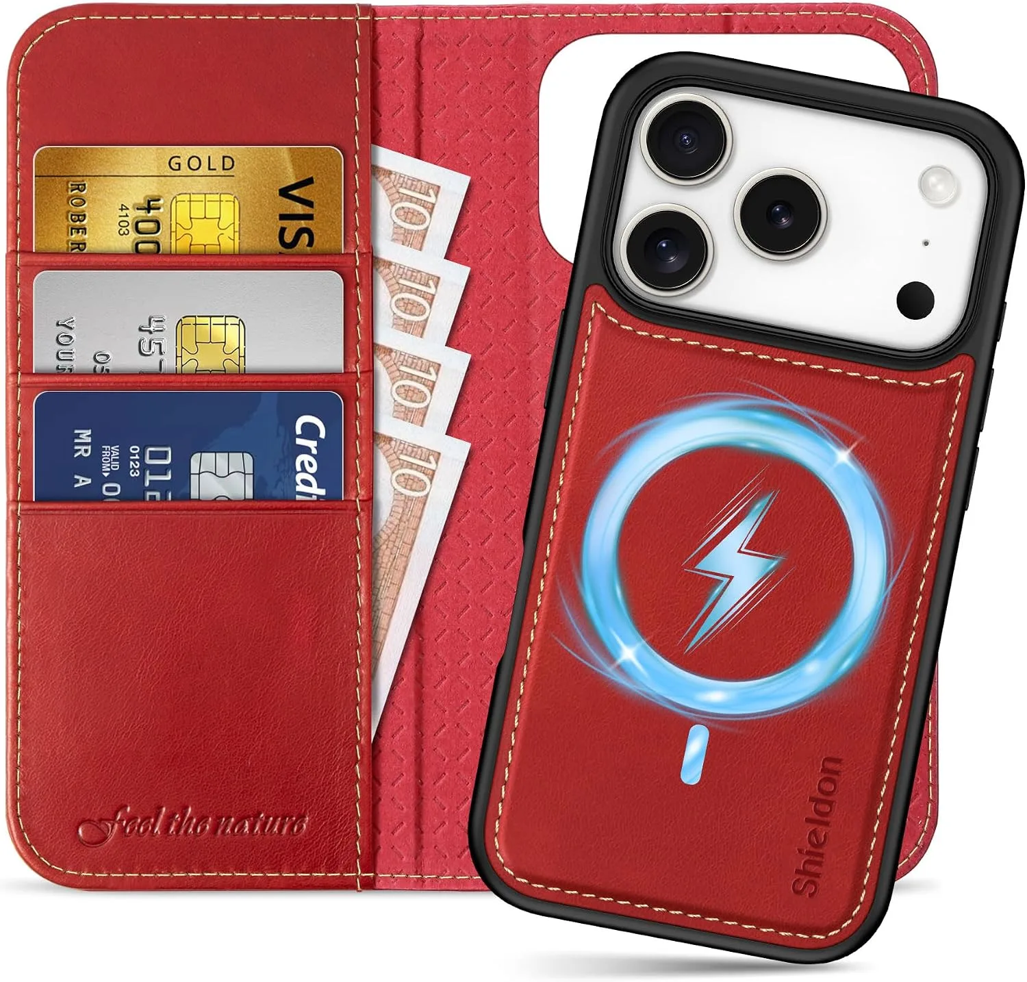 SHIELDON 2 in 1 Leather Case Wallet for iPhone 18 Pro/17 Pro, Retro Red