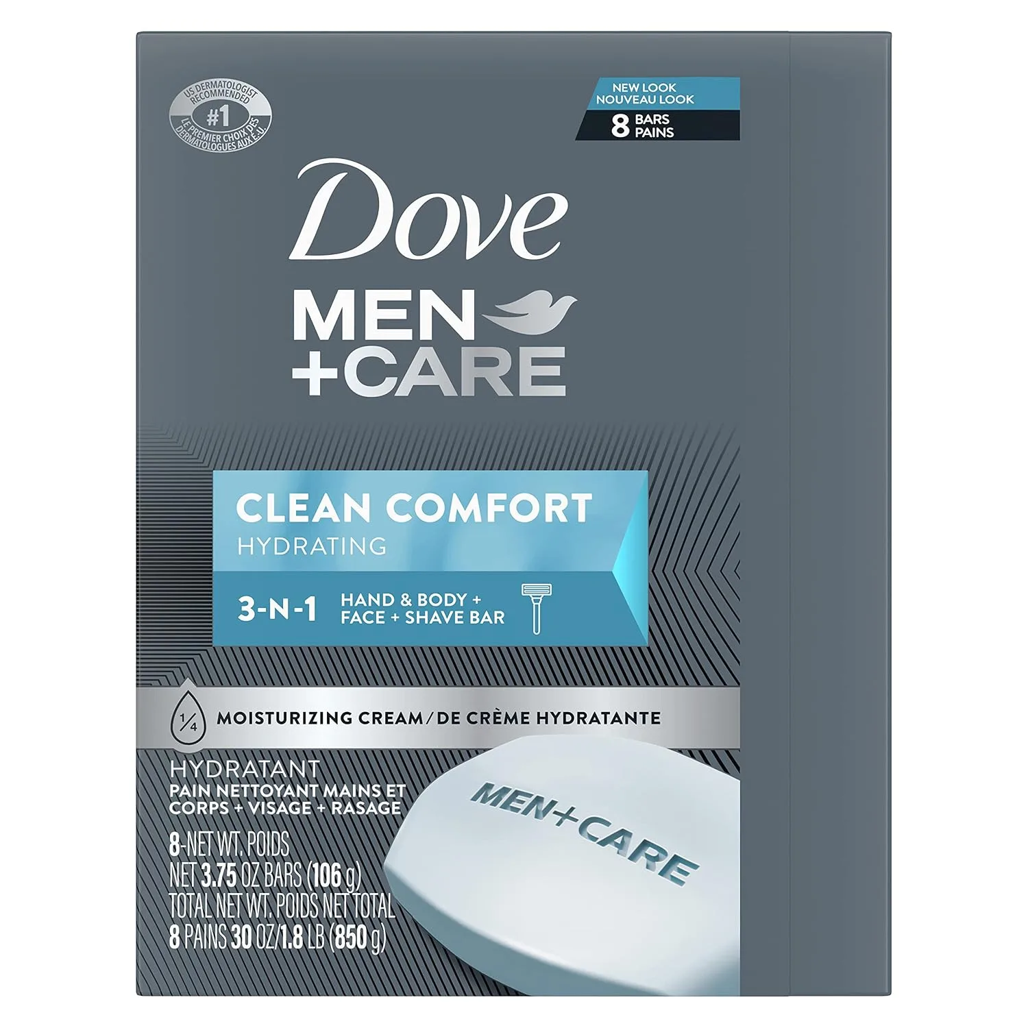 DOVE MEN + CARE Body and Face Bar, Clean Comfort Hydrating, 8 Bars, 3.75 oz
