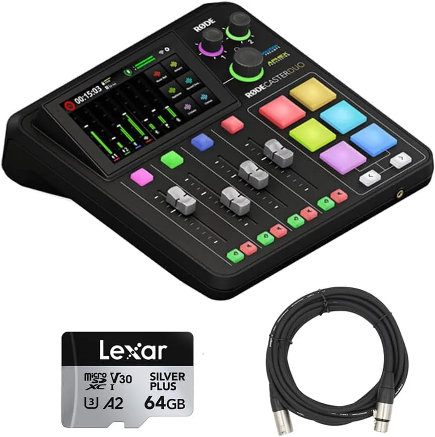 RODECaster Duo Integrated Audio Production Studio with 20' XLR Cable and 64GB Micro-SD Card (3 Items)