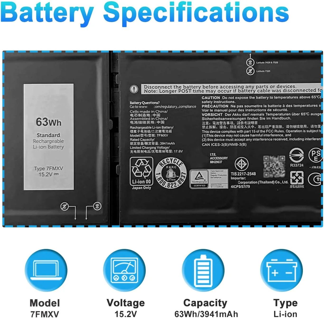 63Wh 7FMXV Laptop Battery for Dell Latitude 5320 7320 7420 7520