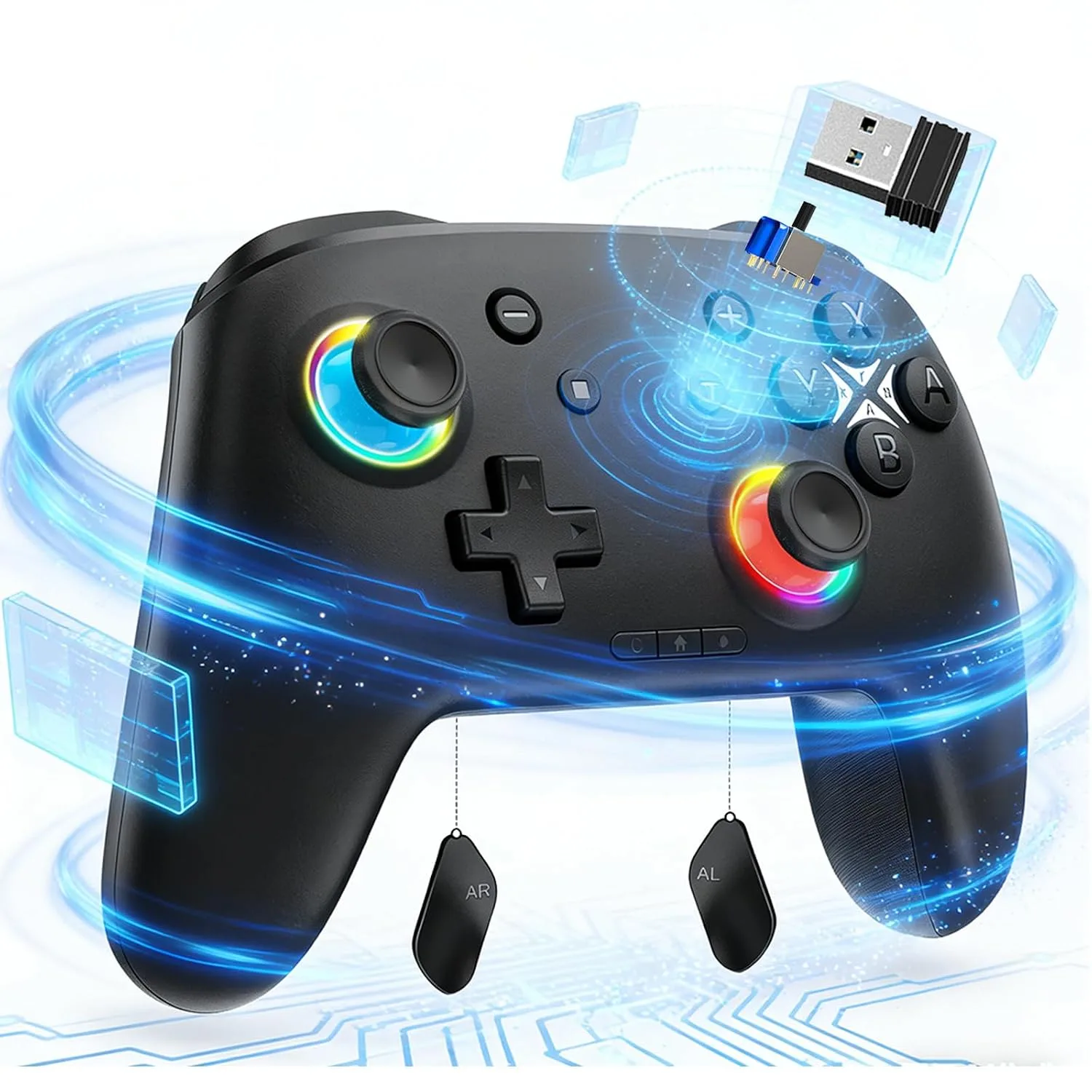 Switch Controller, Wireless Bluetooth Controller for Nintendo Switch 2/Switch/Lite/OLED, game controllers Compatible with iPhone/Mac/iPad/iOS/Android/Phone/PC/Steam and TV with Rotary Motors, RGB Hall Effect Joysticks/Macro Back Buttons/Turbo Modes/6-Axis/Motion/Wake up (Light Black)
