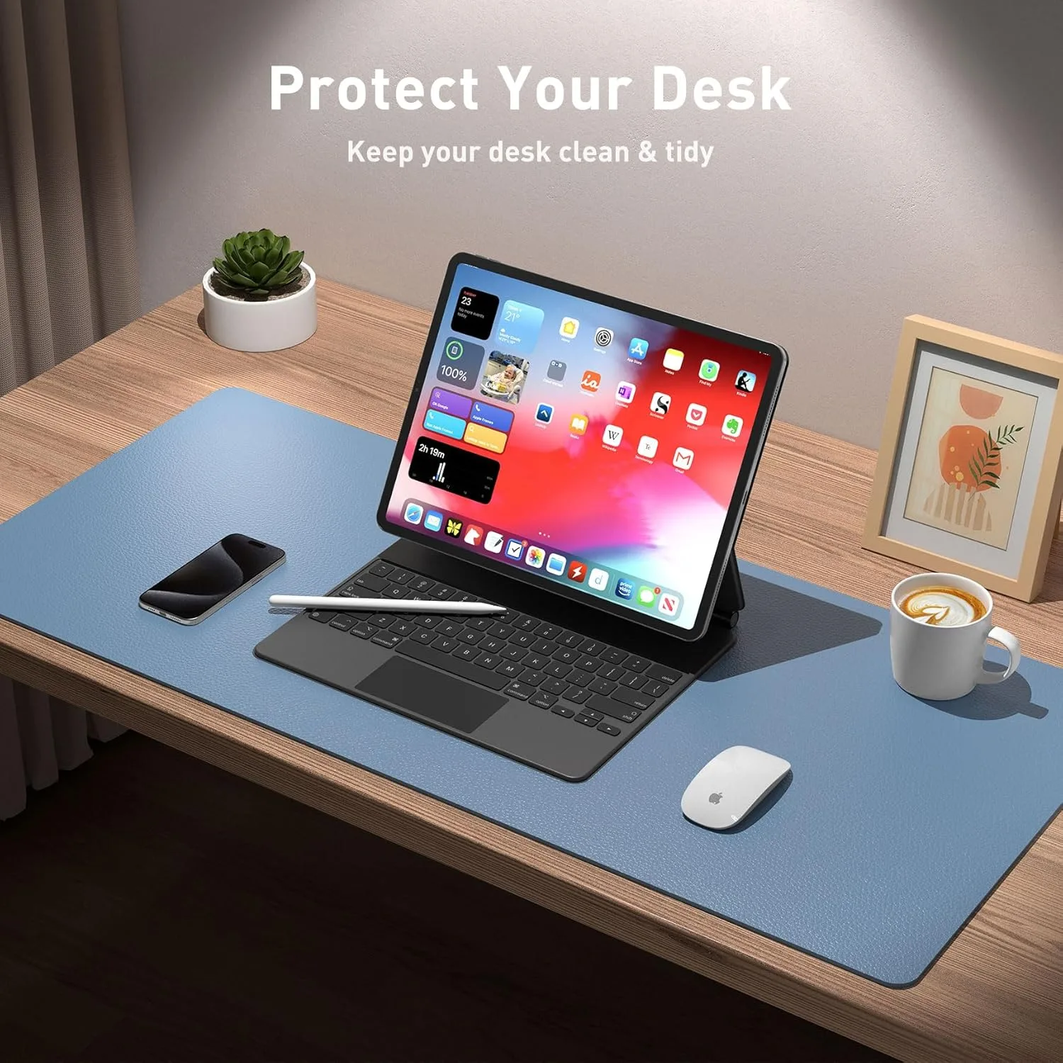 Aothia Leather Desk Pad Protector, Large Mouse Pad, Office Desk Mat, Non-Slip PU Leather Desk Blotter, Laptop Desk Pad, Waterproof Desk Writing Pad for Office and Home (Denim Blue, 23.6" x 13.7")