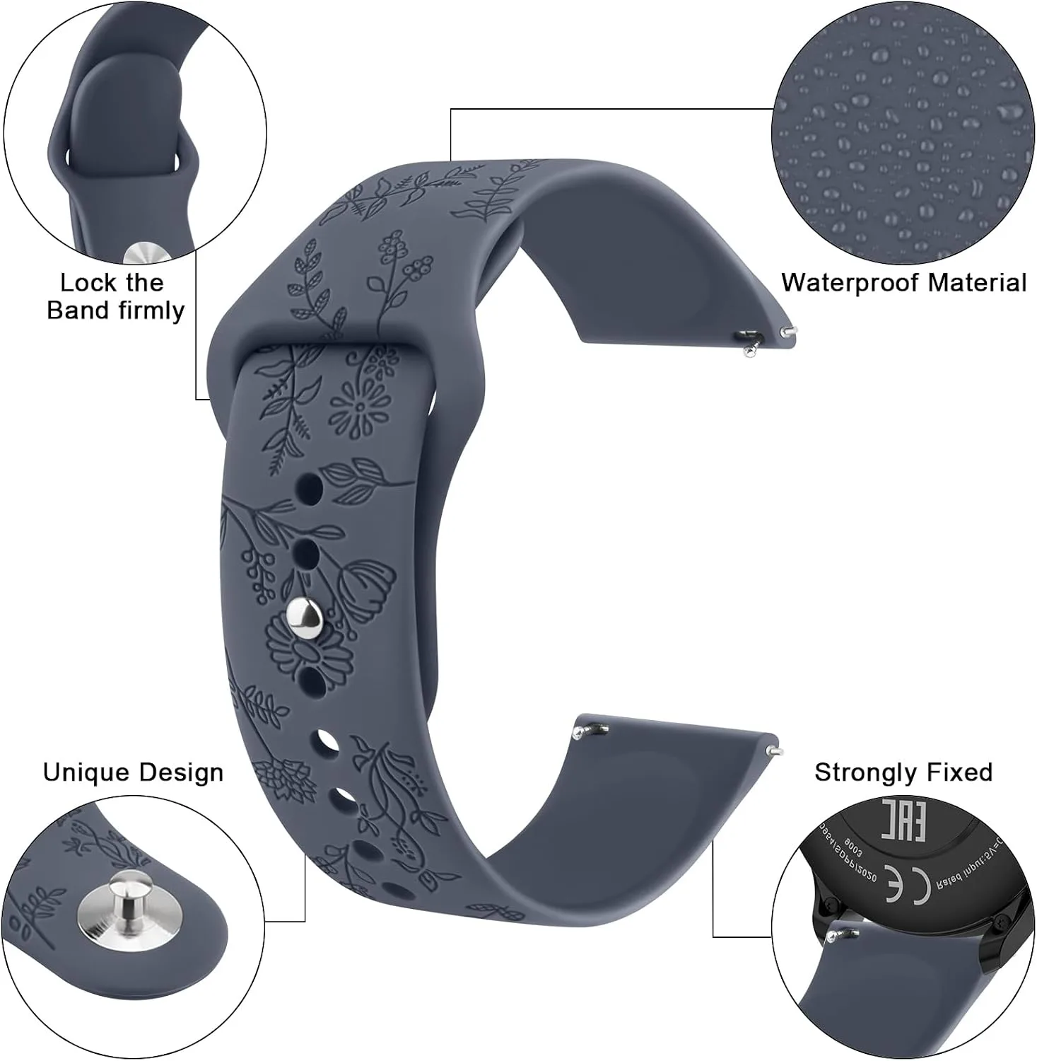 Meliya Veryfit Smart Watch Bands, 22mm Watchbands for IDW13 IDW16 IDW19 IDW26 IDW28 Smartwatch, Floral Engraved Soft Silicone Rubber Sport Replacement Watch Strap for Veryfit