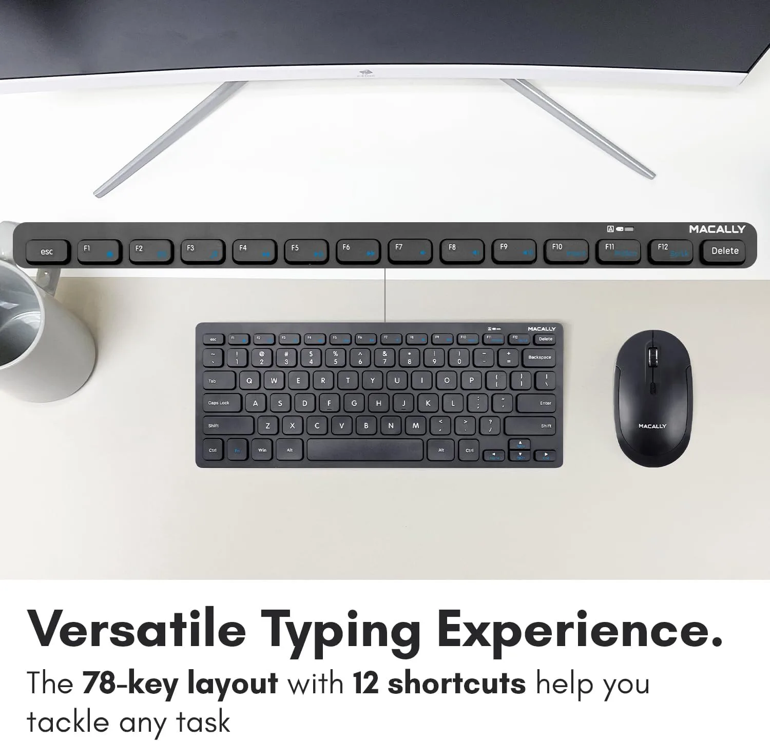 Macally Small Wireless Keyboard and Mouse Combo - Quiet Productivity Duo - 2.4G Wireless Compact Keyboard and Mouse for PC - 78 Key Mini Keyboard and Mouse with Slim Body, Click Buttons, & 3 DPI Modes