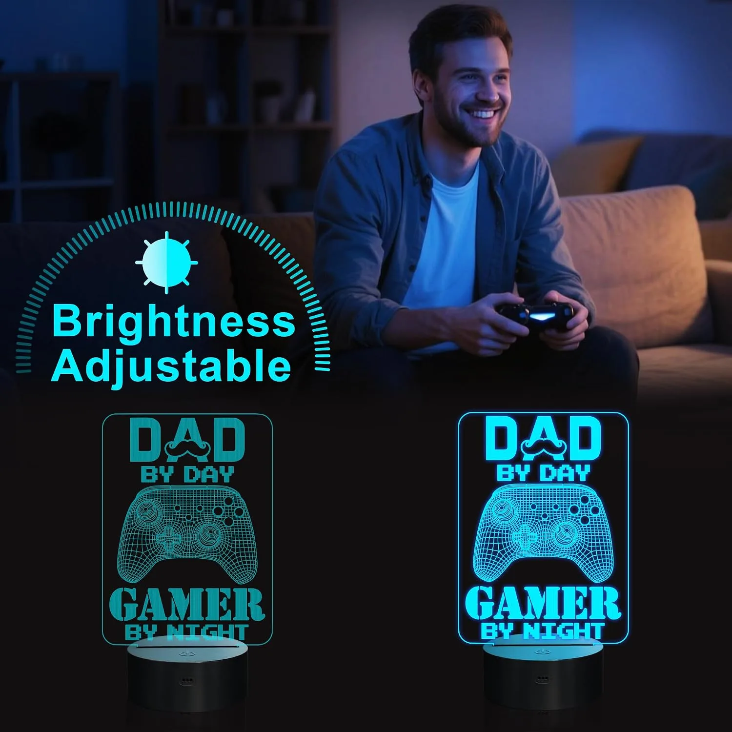 YuanDian Gamer Gifts, Dad By Day Gamer By Night Funny 3D Illusion Lamp 16 Colors Changing Touch & Remote Control, Desk Decor