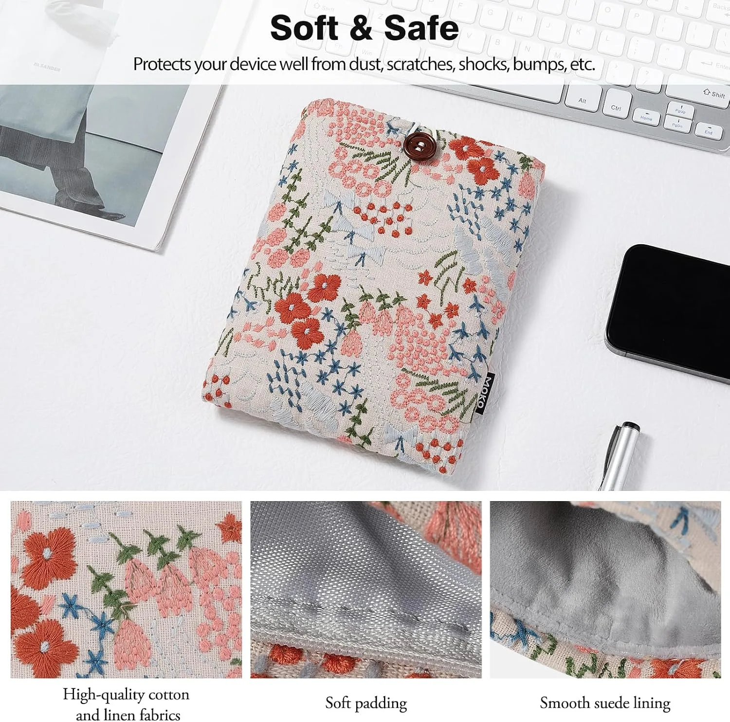 MoKo 6-7 Inch Embroidered Daisy Padded E-Reader Sleeve Zippered Bag with Back Pouch for Most 6/6.8/7 inch E-Reader, 6" Nook Glowligt 4, 6" Kobo Clara BW/Clara Colour, Beige Floral
